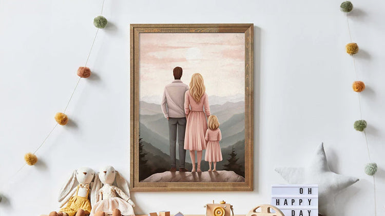 Family Art for Kids - Dad, Mom and daughter standing on a mountain, single print