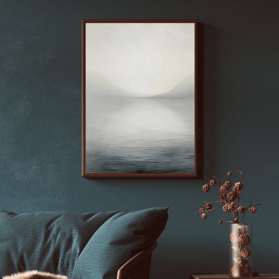 Abstract Lake and Mountains Wall Art, Elegant Black & White Landscape - WildfieldPrints
