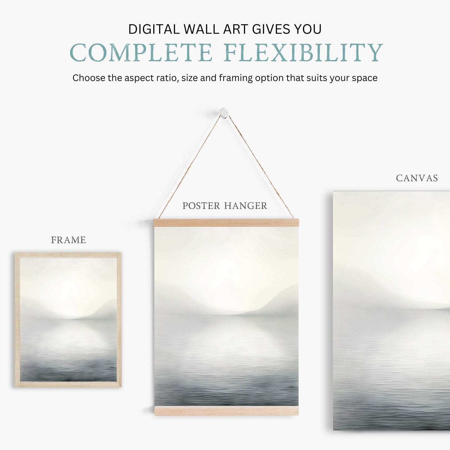 Abstract Lake and Mountains Wall Art, Elegant Black & White Landscape - WildfieldPrints