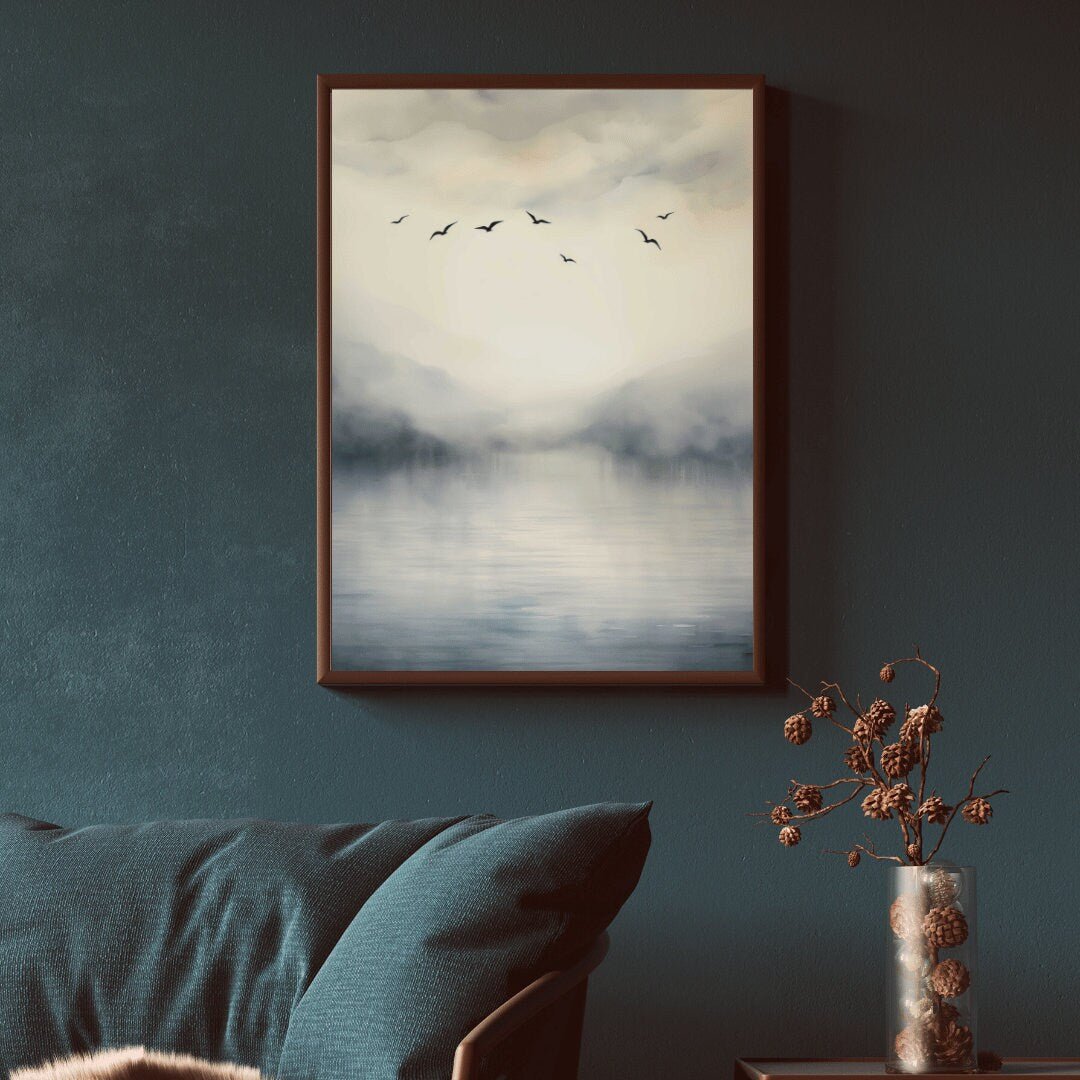 Abstract Lake & Birds Wall Art, Watercolor Landscape Decor, Nature Print - WildfieldPrints