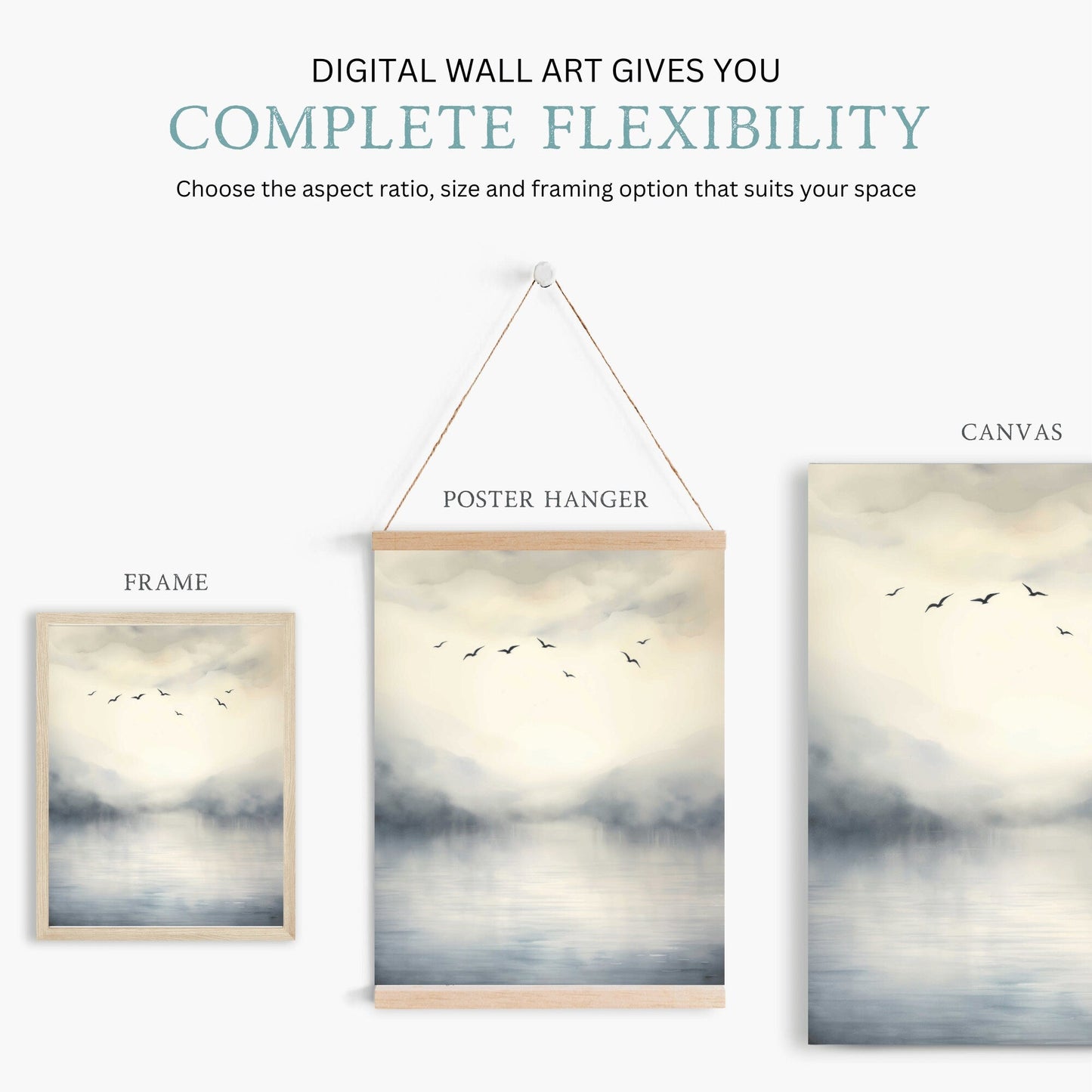 Abstract Lake & Birds Wall Art, Watercolor Landscape Decor, Nature Print - WildfieldPrints