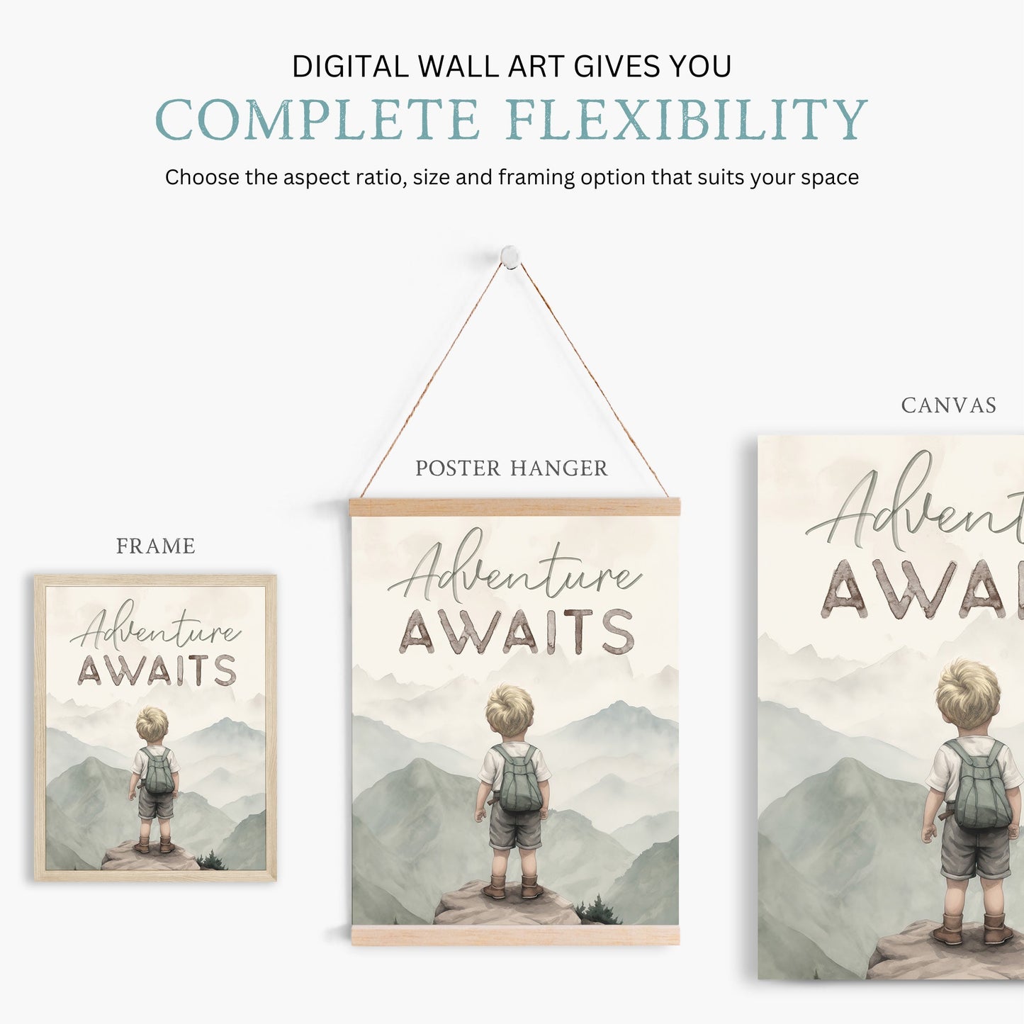 Adventure Awaits, Inspirational Boy Explorer Art, Mountain Nursery Decor - WildfieldPrints