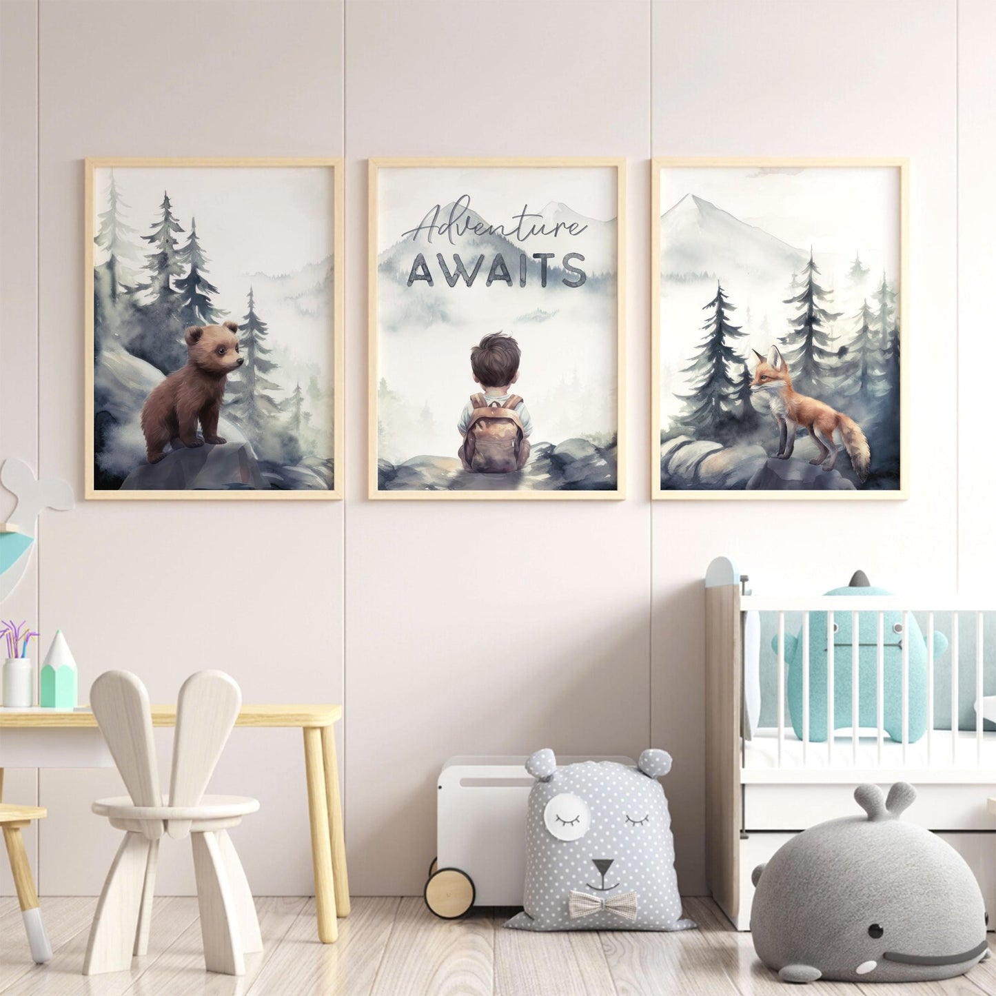 Adventure Awaits Nursery Print, Woodland Animal Quote Decor, Bear & Fox Art - WildfieldPrints
