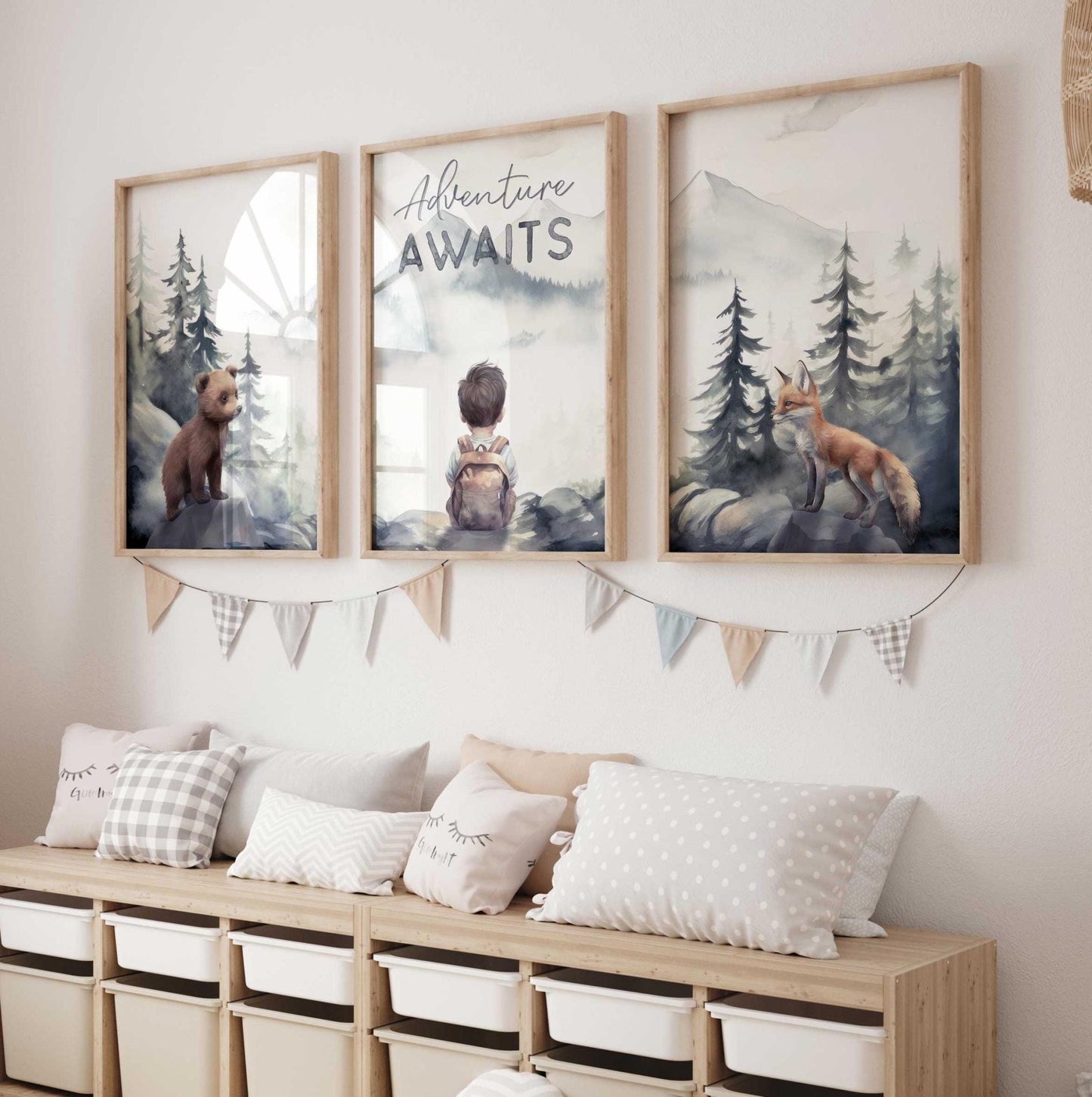 Adventure Awaits Nursery Print, Woodland Animal Quote Decor, Bear & Fox Art - WildfieldPrints