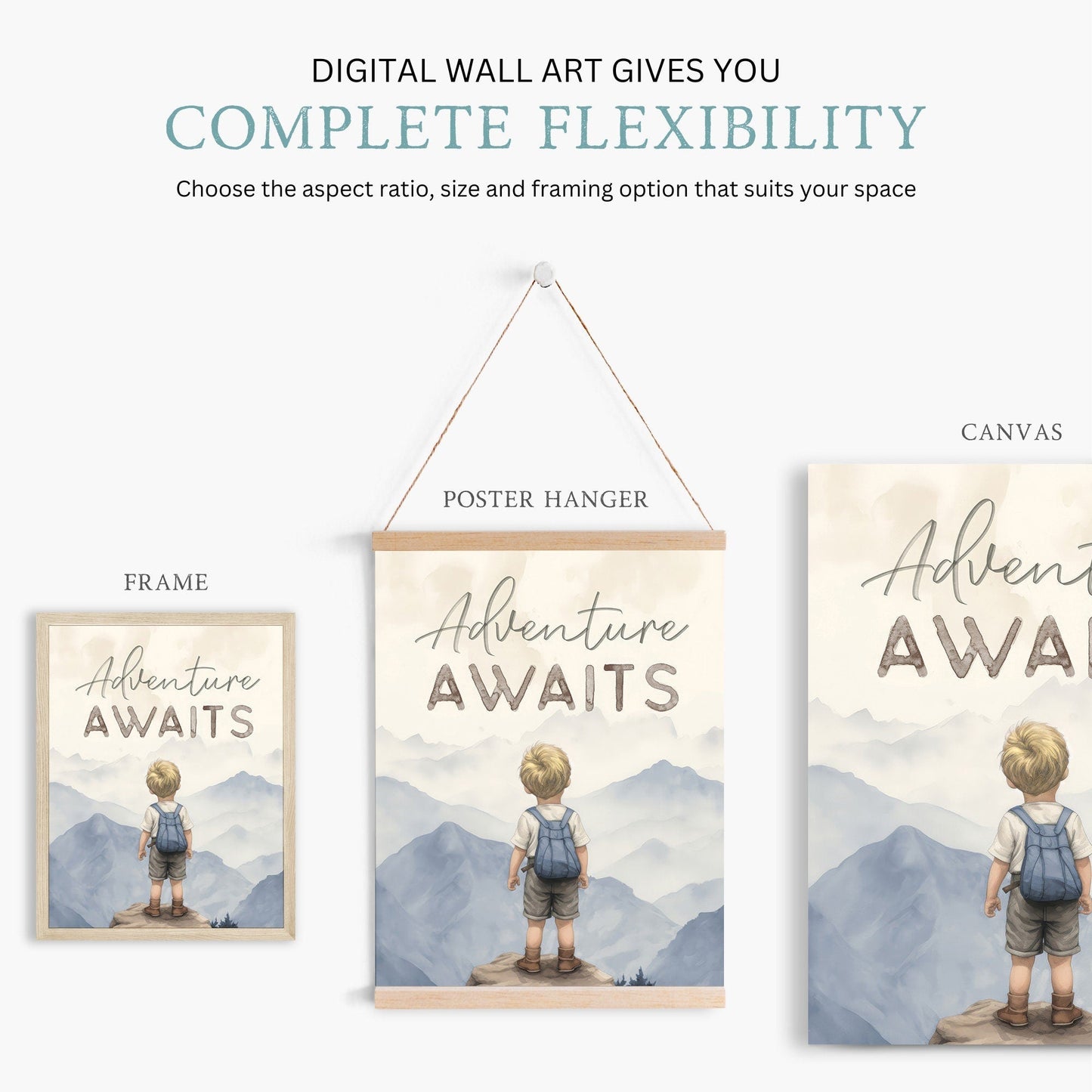 Adventure Awaits Prints, Boys Room Wall Decor, Mountains & Hot Air Balloons - WildfieldPrints