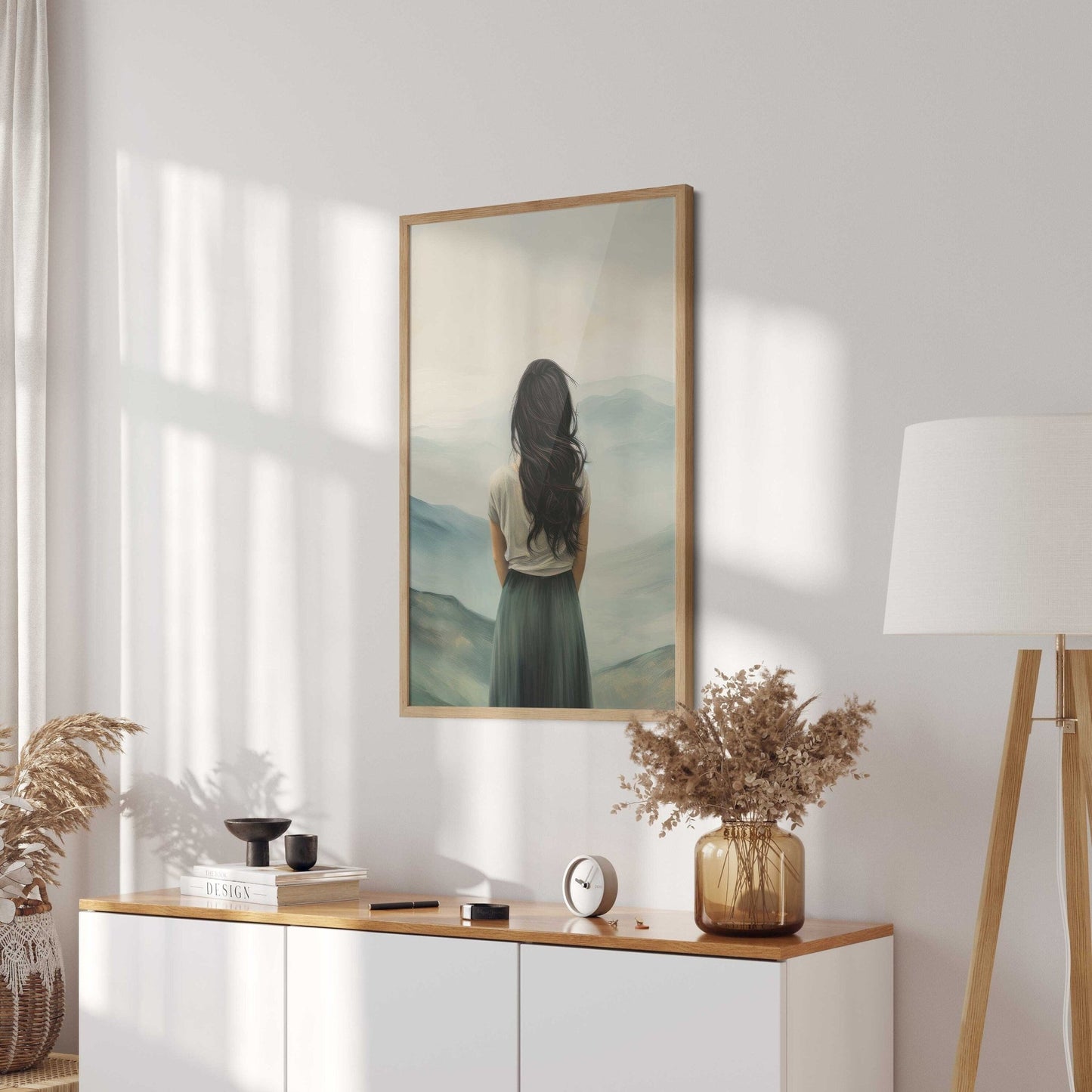 Adventure Wall Art, Mountain Decor, Woman on a Peak Print, Teal Home Accent - WildfieldPrints