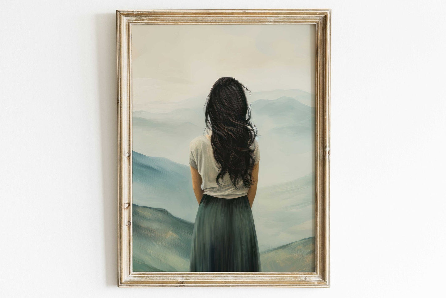 Adventure Wall Art, Mountain Decor, Woman on a Peak Print, Teal Home Accent - WildfieldPrints