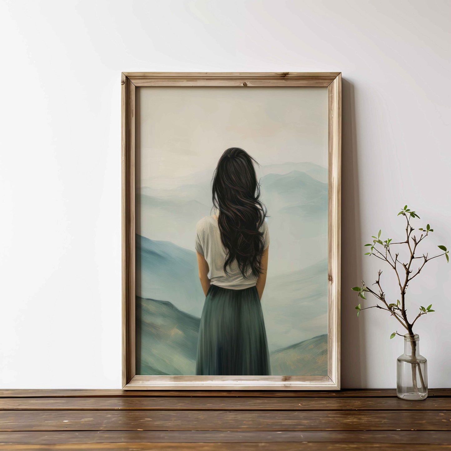 Adventure Wall Art, Mountain Decor, Woman on a Peak Print, Teal Home Accent - WildfieldPrints