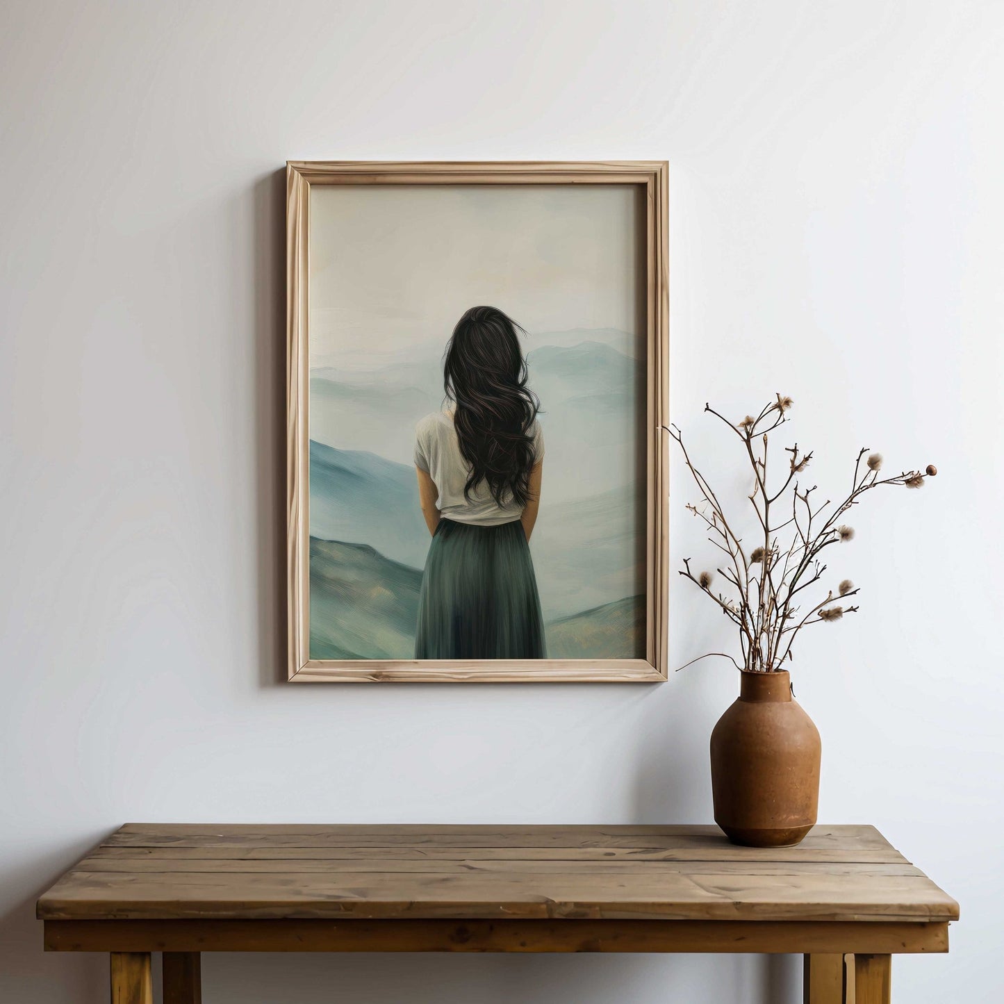 Adventure Wall Art, Mountain Decor, Woman on a Peak Print, Teal Home Accent - WildfieldPrints