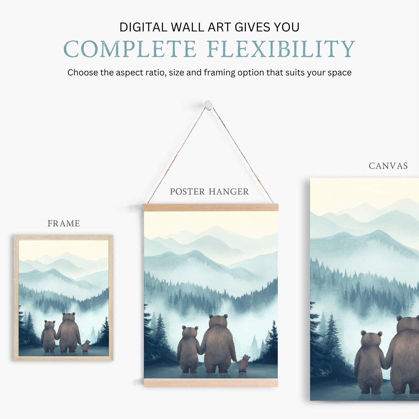Animal Family Portrait, Bear Boy Nursery Decor, Family of Three Art - WildfieldPrints