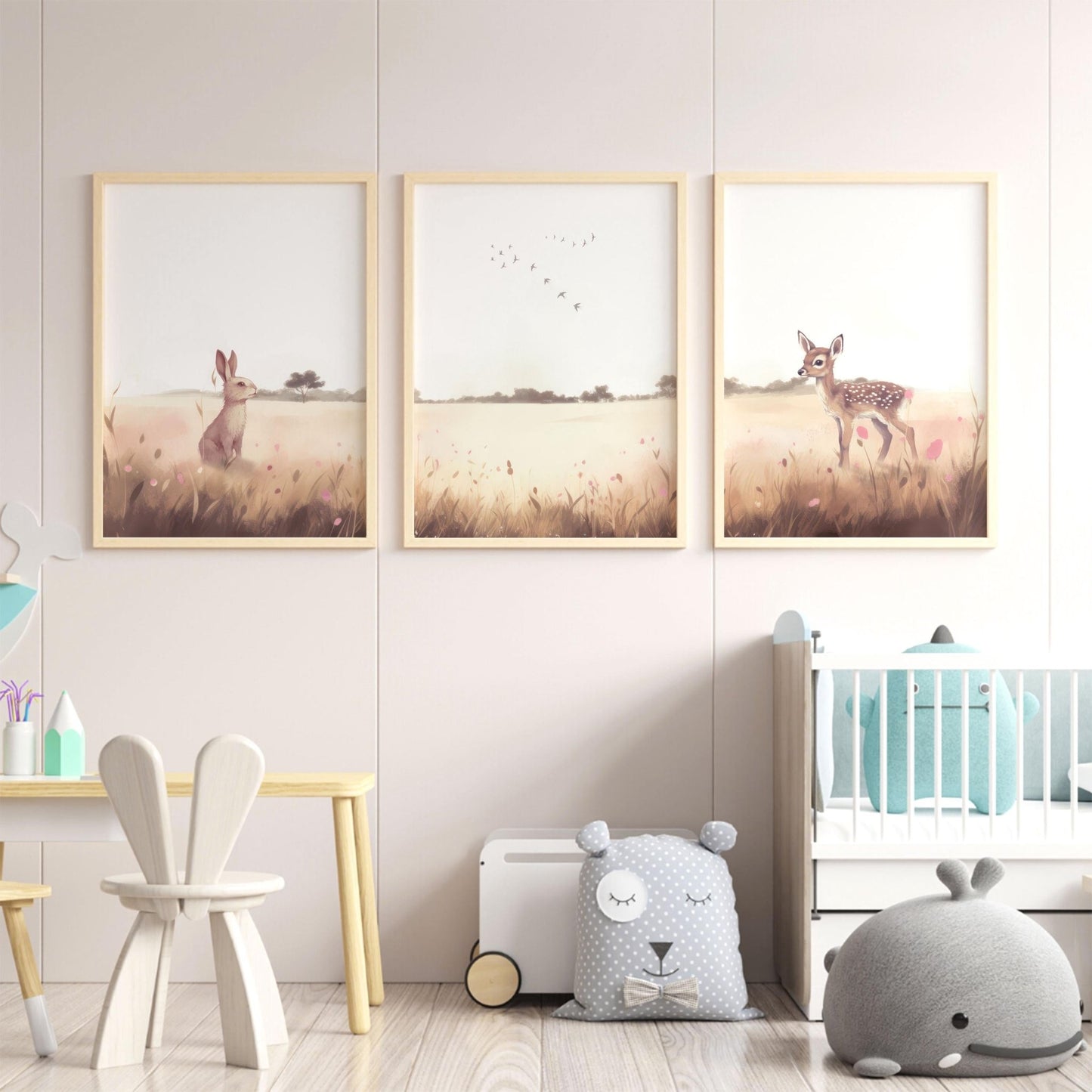 Animal Nursery Decor, Deer & Bunny, Forest Prints, Countryside Theme - WildfieldPrints