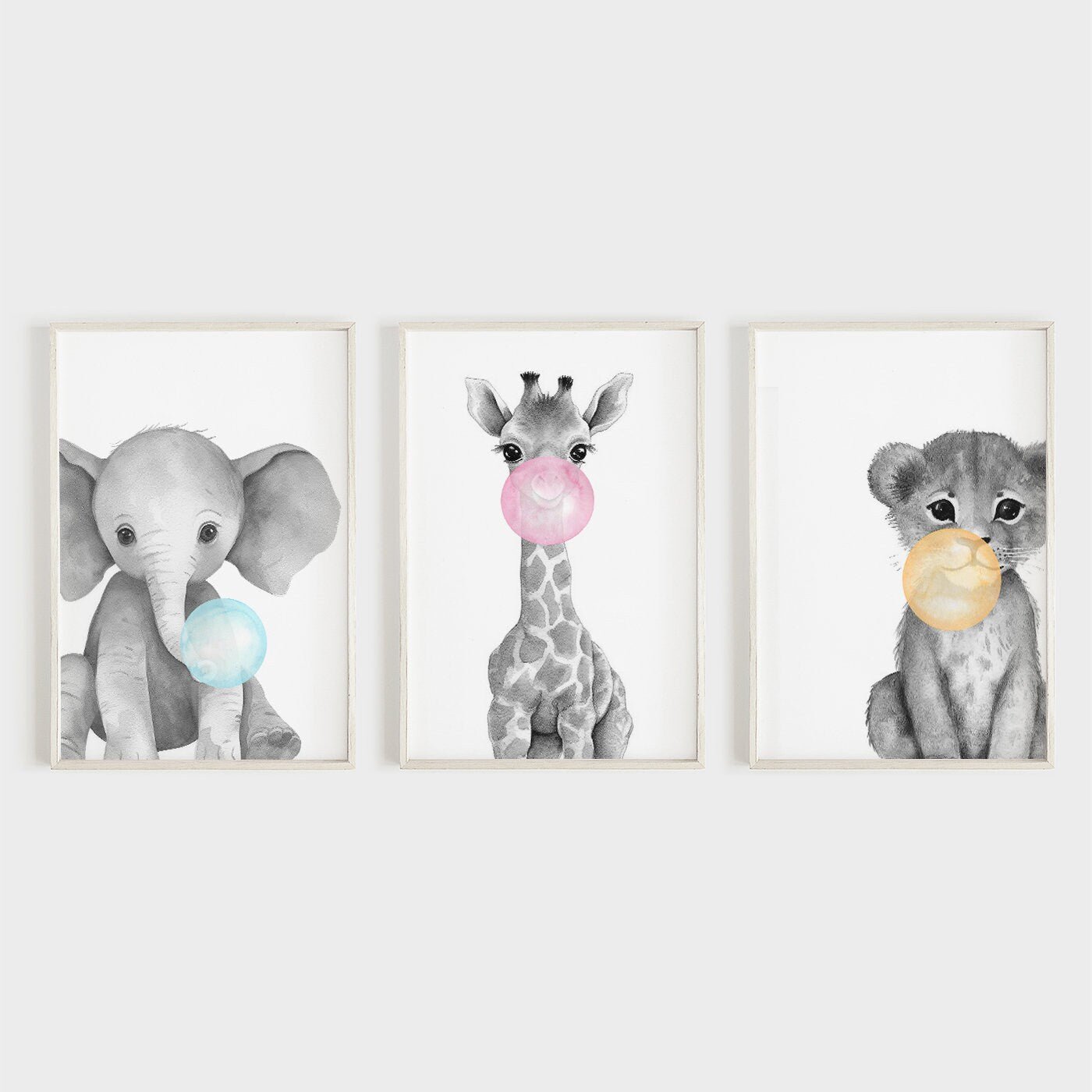 Animals Blowing Bubbles, Whimsical Safari Nursery Decor, Set of 3 - WildfieldPrints
