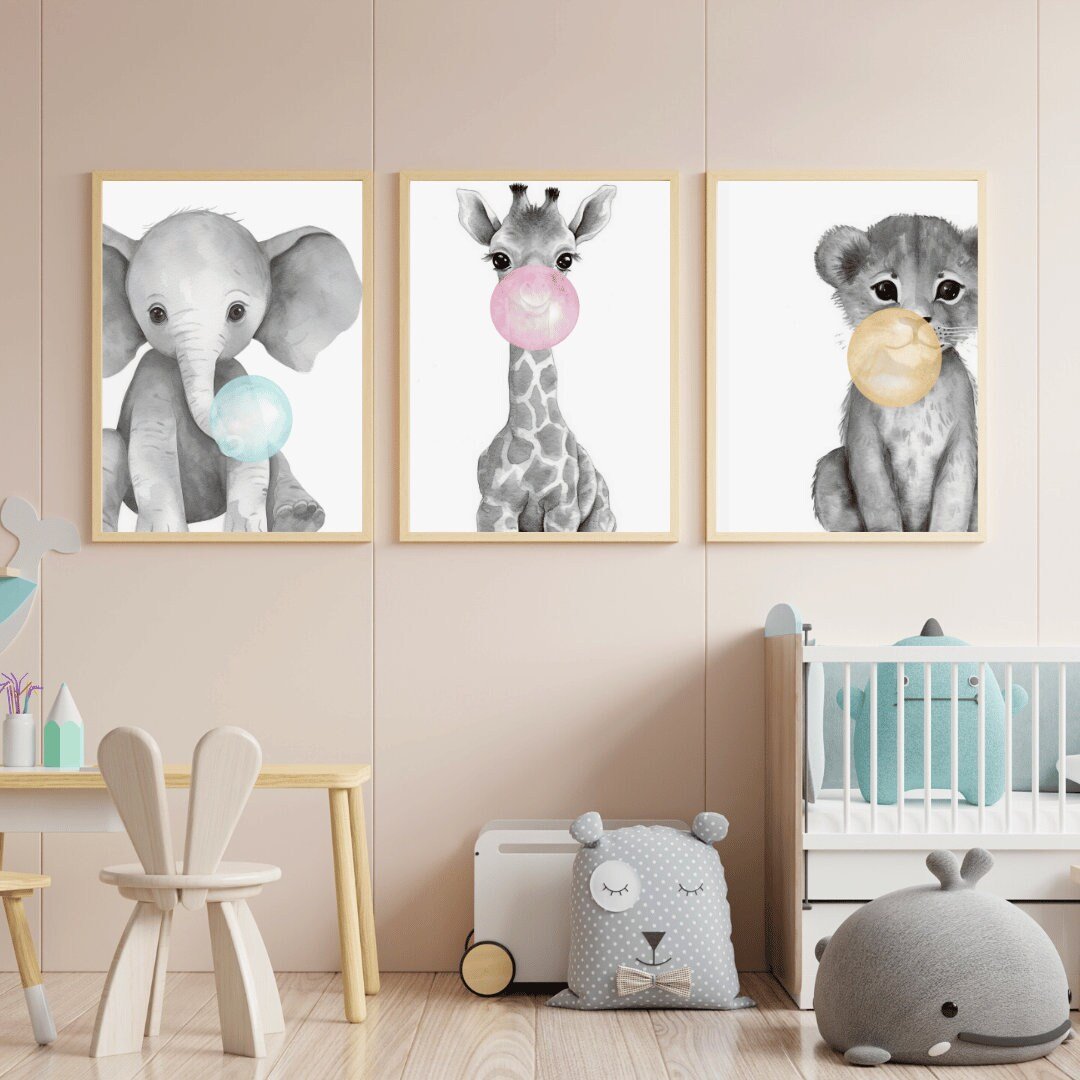 Animals Blowing Bubbles, Whimsical Safari Nursery Decor, Set of 3 - WildfieldPrints