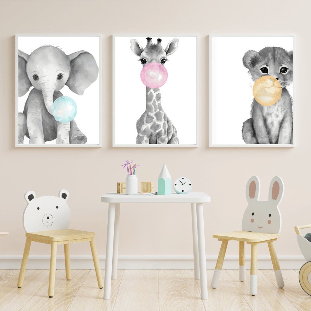 Animals Blowing Bubbles, Whimsical Safari Nursery Decor, Set of 3 - WildfieldPrints