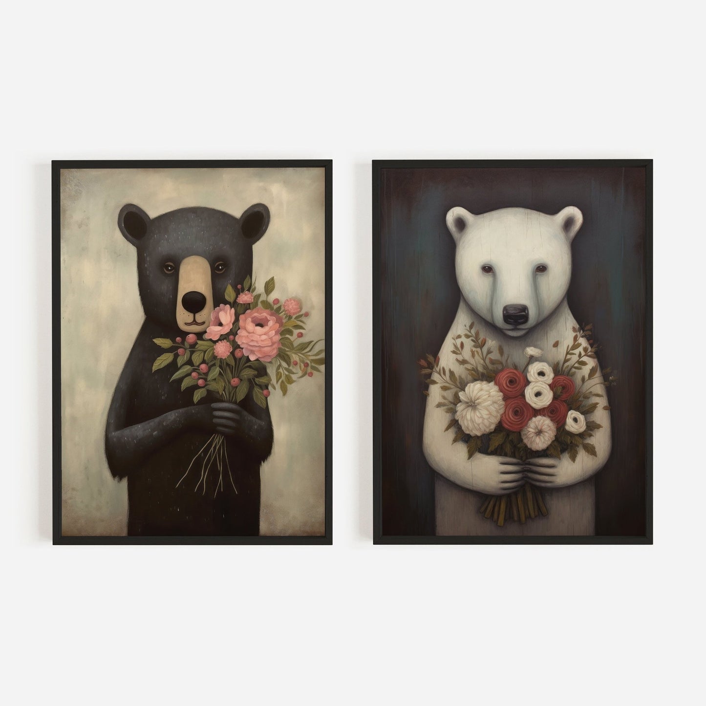 Animals with Flowers, Bears with Bouquets, Vintage Kids Room Decor - WildfieldPrints