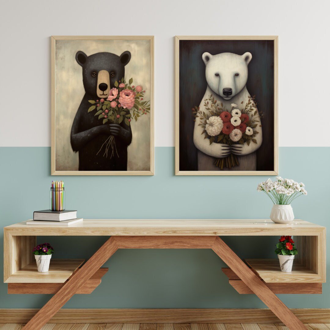 Animals with Flowers, Bears with Bouquets, Vintage Kids Room Decor - WildfieldPrints