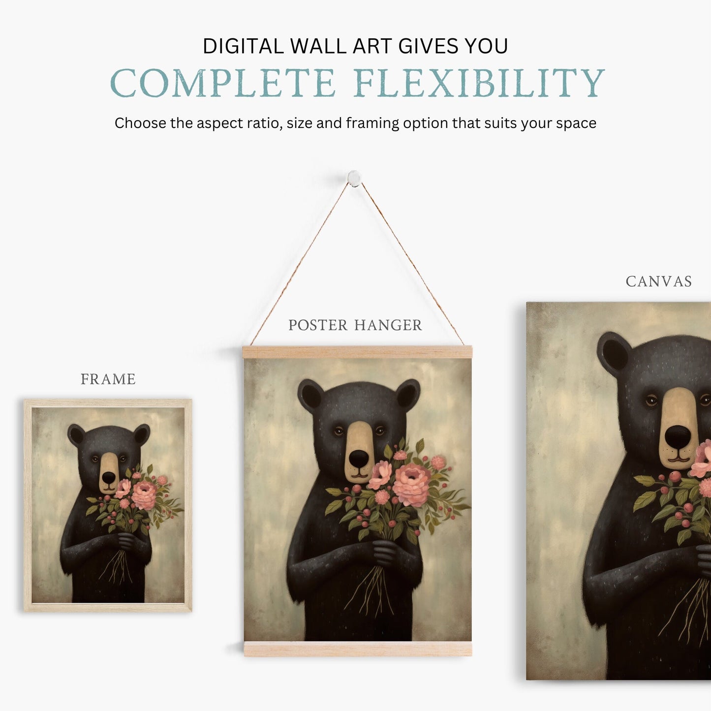 Animals with Flowers, Bears with Bouquets, Vintage Kids Room Decor - WildfieldPrints