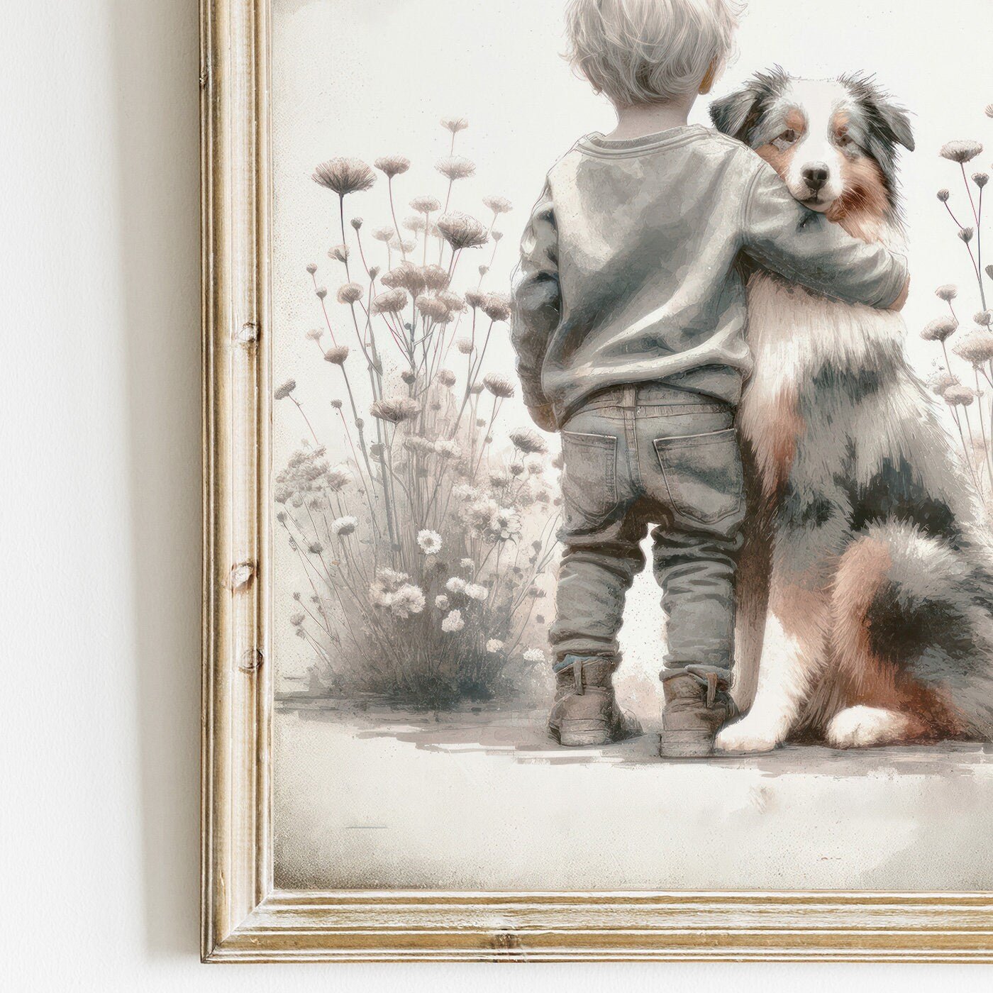 Australian Shepherd Nursery Decor, Boy & Dog Art Print, Animal Wall Art - WildfieldPrints
