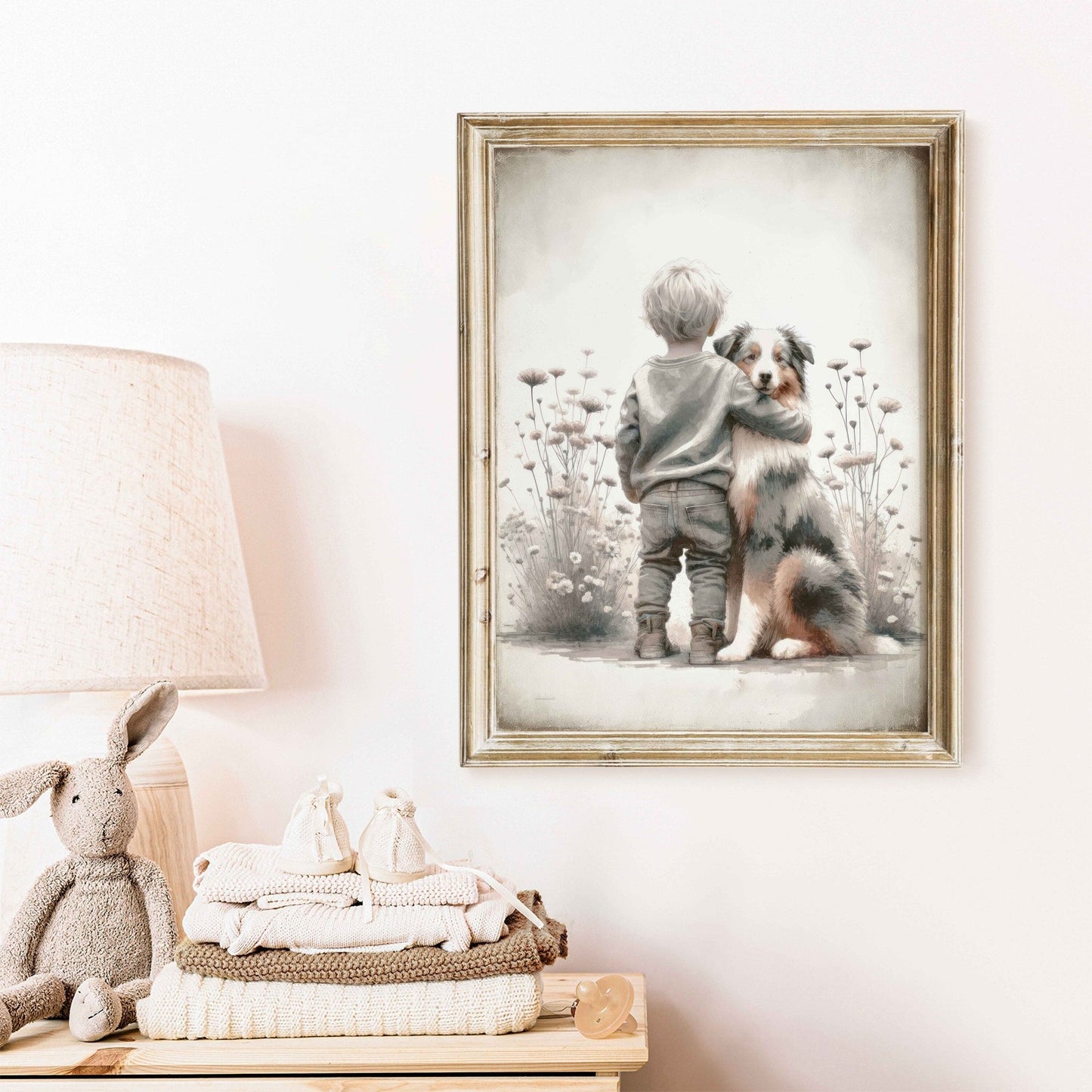 Australian Shepherd Nursery Decor, Boy & Dog Art Print, Animal Wall Art - WildfieldPrints
