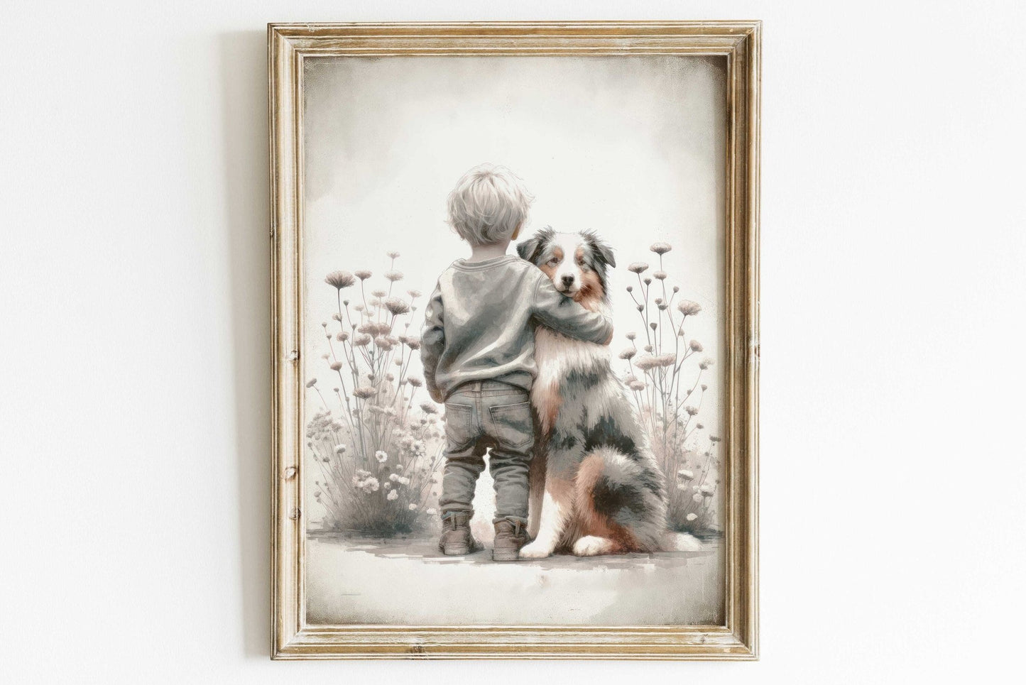 Australian Shepherd Nursery Decor, Boy & Dog Art Print, Animal Wall Art - WildfieldPrints