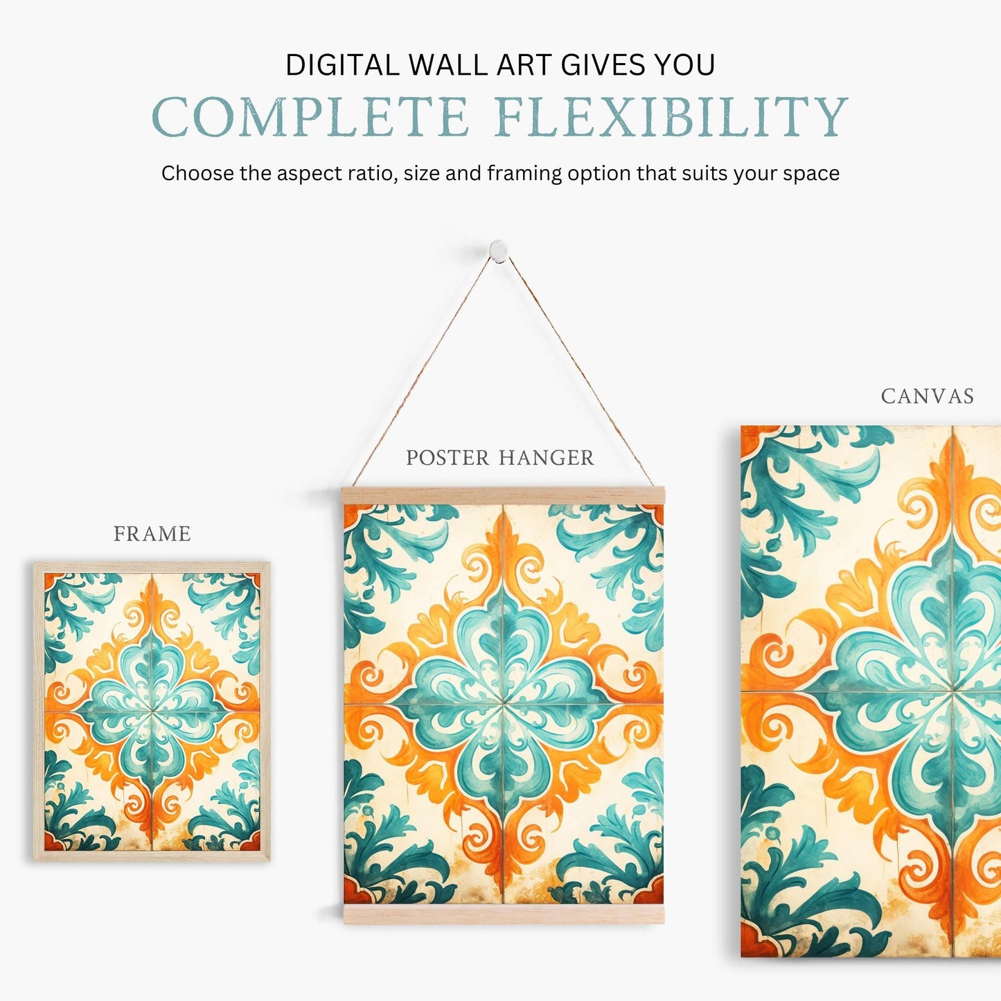Azulejos Wall Art, Rustic Tile Design, Teal and Orange Decor - WildfieldPrints