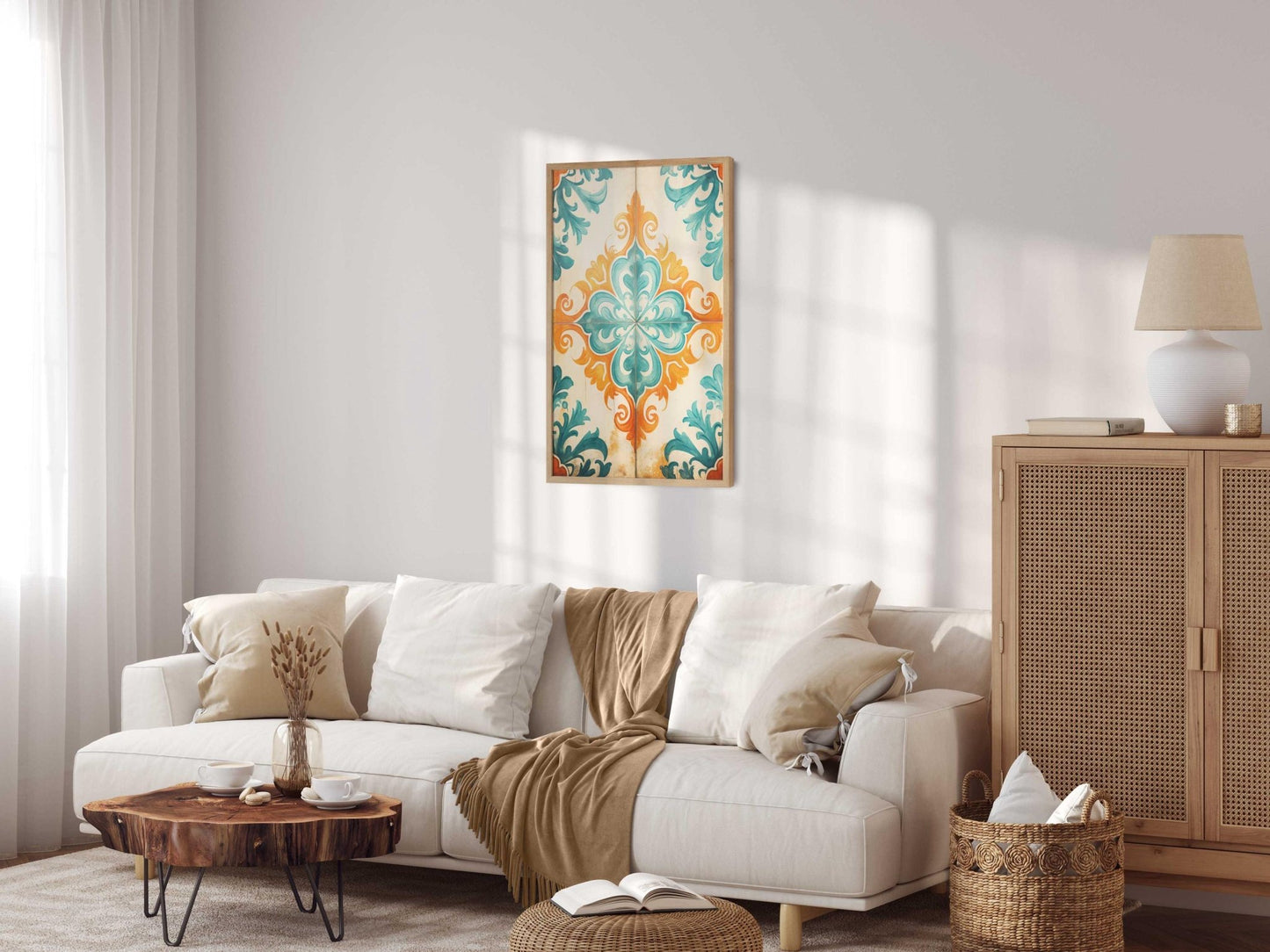 Azulejos Wall Art, Rustic Tile Design, Teal and Orange Decor - WildfieldPrints