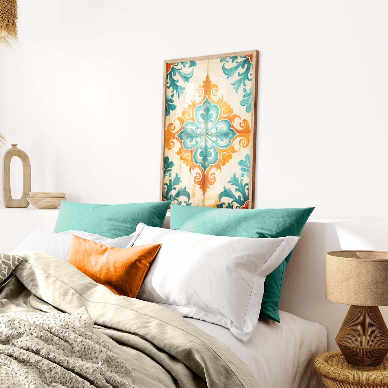 Azulejos Wall Art, Rustic Tile Design, Teal and Orange Decor - WildfieldPrints