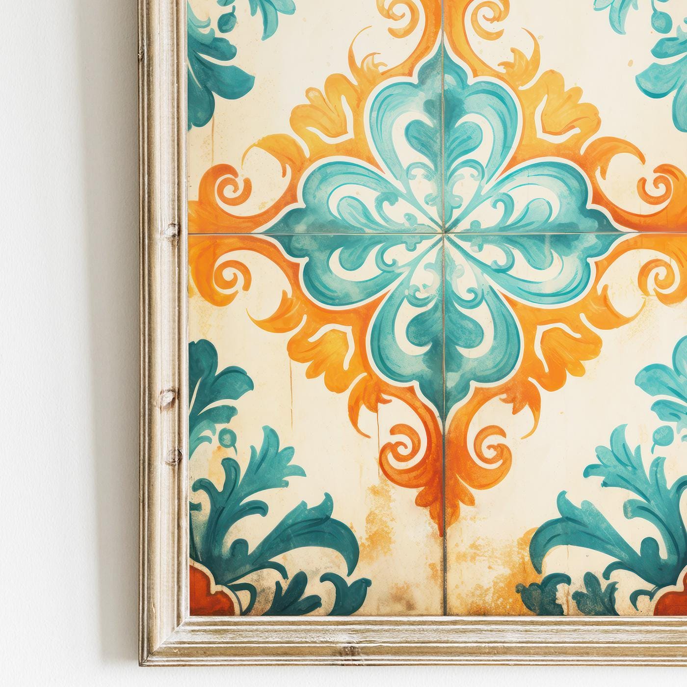 Azulejos Wall Art, Rustic Tile Design, Teal and Orange Decor - WildfieldPrints