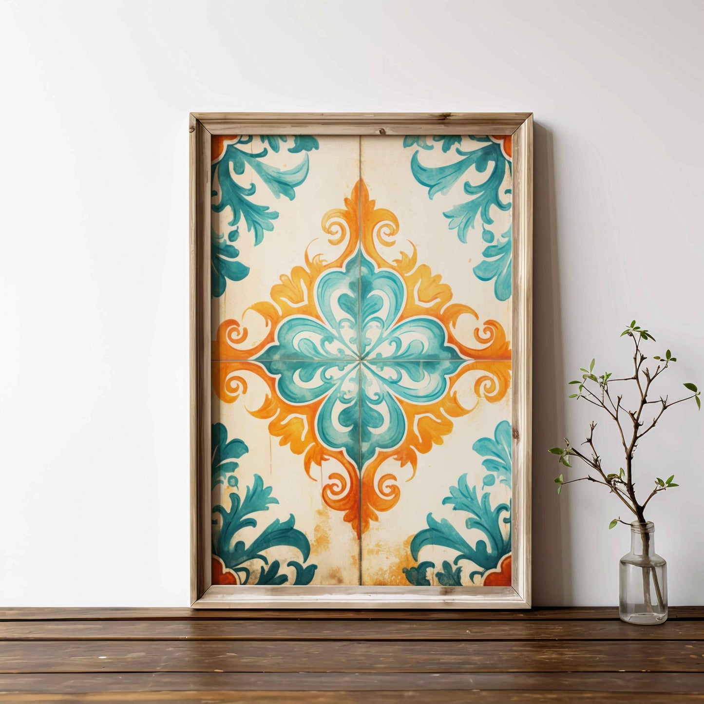 Azulejos Wall Art, Rustic Tile Design, Teal and Orange Decor - WildfieldPrints