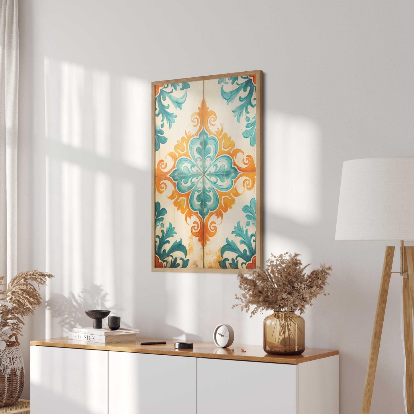 Azulejos Wall Art, Rustic Tile Design, Teal and Orange Decor - WildfieldPrints