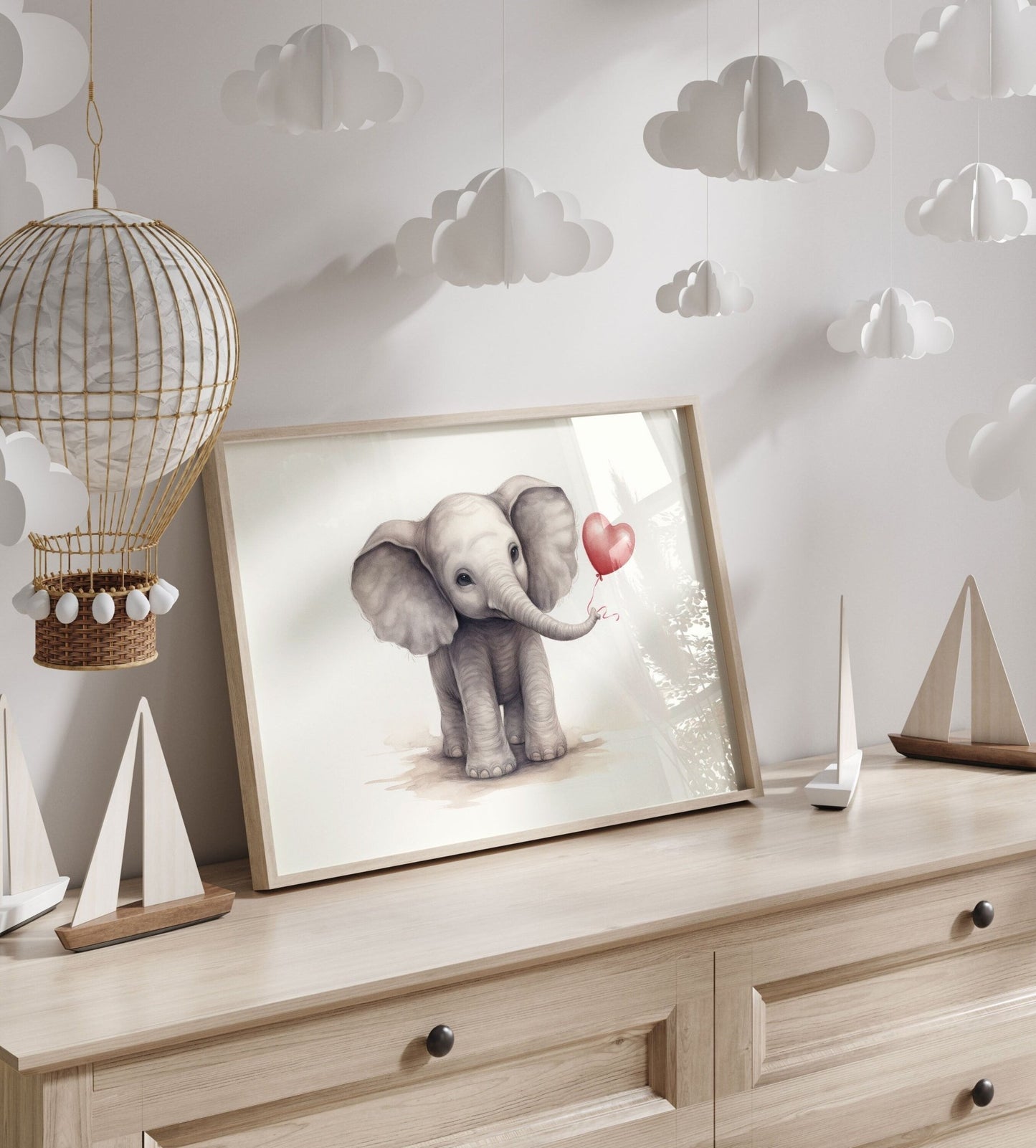 Baby Elephant Art, Elephant with Balloon, Safari Nursery Decor - WildfieldPrints