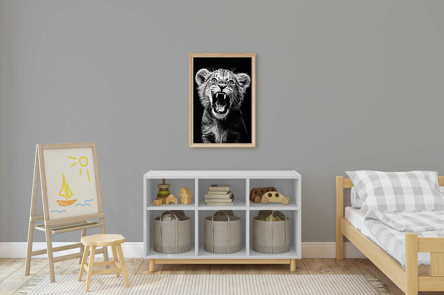 Baby Lion Nursery Art, Cute Safari Room Decor, Roaring Lion Cub Print - WildfieldPrints