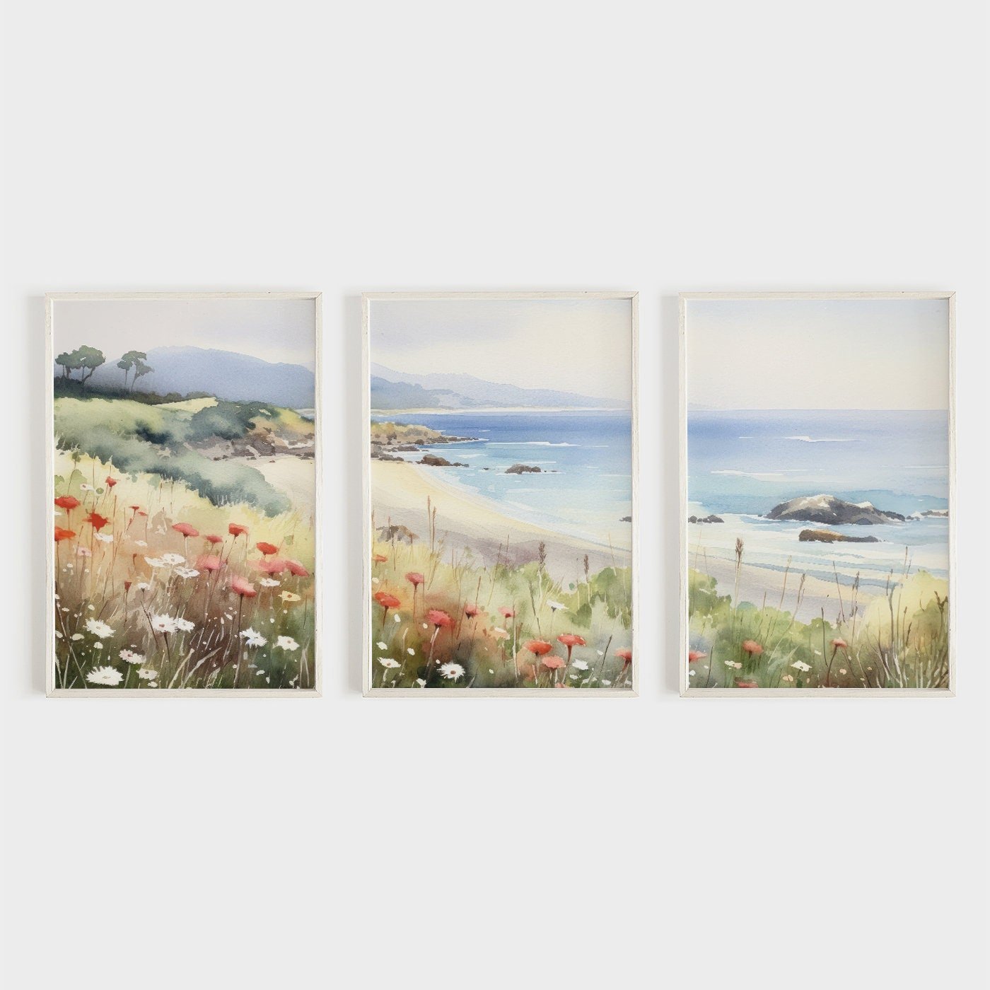 Beach Wall Art, Coastal Landscape Watercolor Painting, Seascape Decor - WildfieldPrints