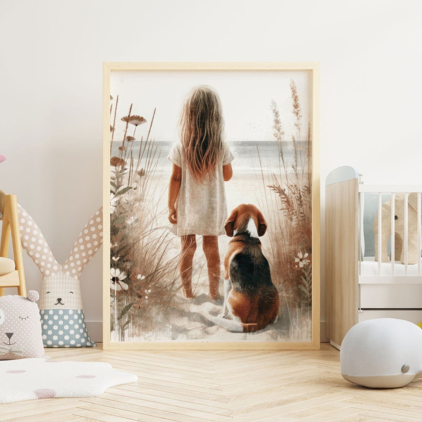 Beagle Nursery Decor, Girl & Dog Painting, Beagle Wall Art - WildfieldPrints