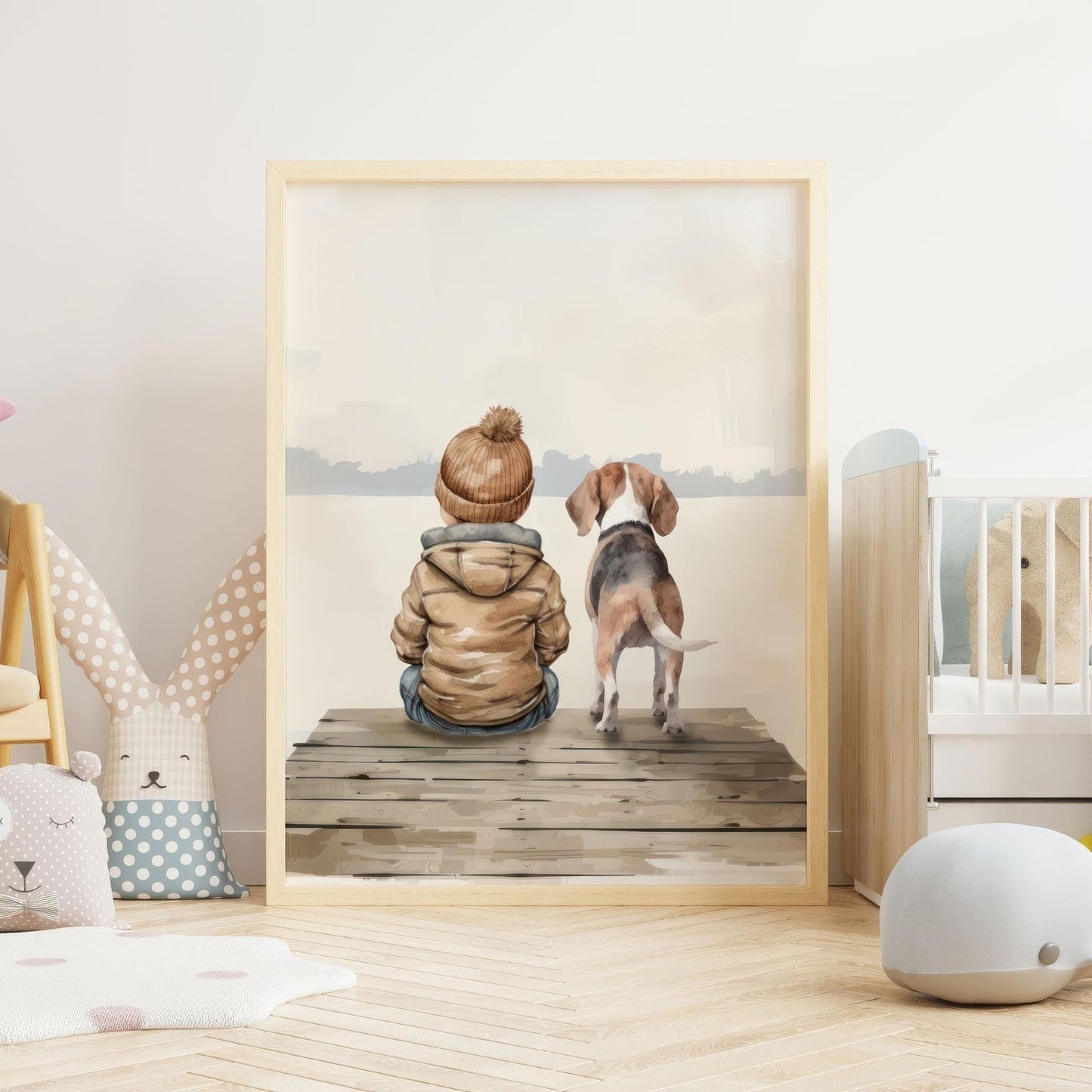 Beagle Nursery Print, Boy & Dog Artwork, Animal Wall Decor - WildfieldPrints