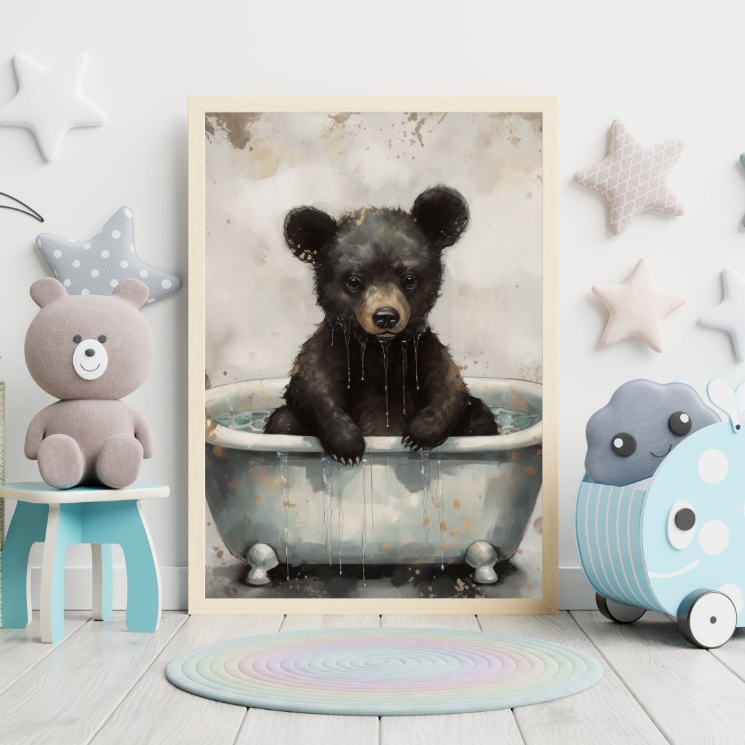 Bear Bathing Print, Woodland Animal Decor, Kids Room Wall Art - WildfieldPrints