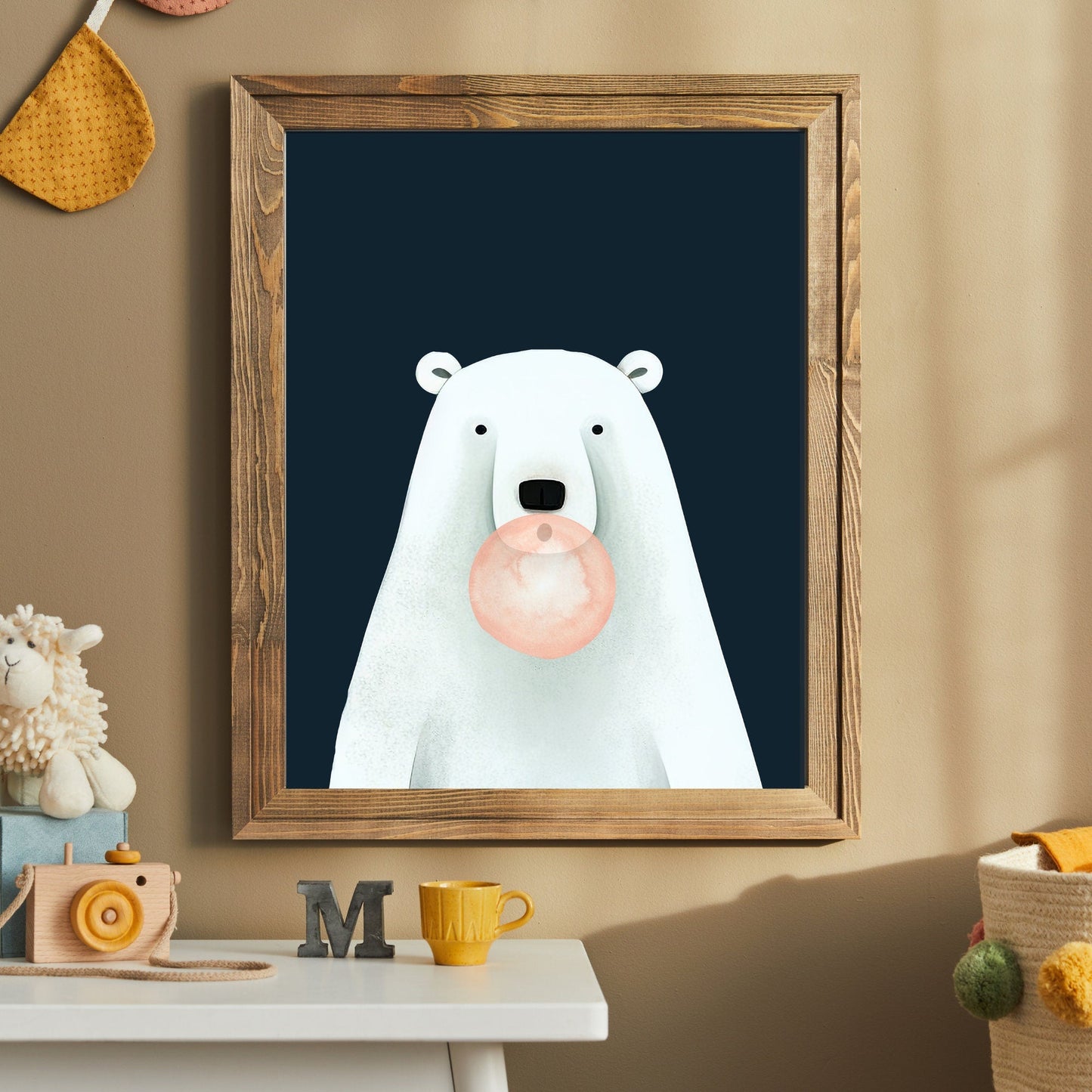 Bear Bubblegum Art, Playful Nursery Decor, Minimalist Kids Room Decor - WildfieldPrints
