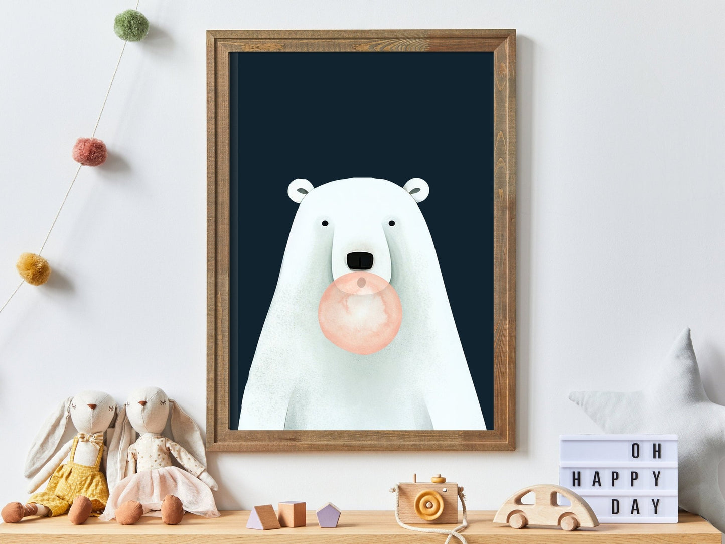 Bear Bubblegum Art, Playful Nursery Decor, Minimalist Kids Room Decor - WildfieldPrints