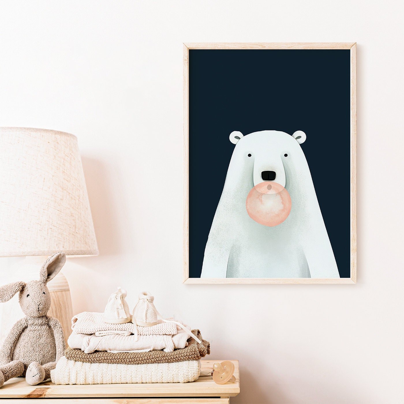 Bear Bubblegum Art, Playful Nursery Decor, Minimalist Kids Room Decor - WildfieldPrints