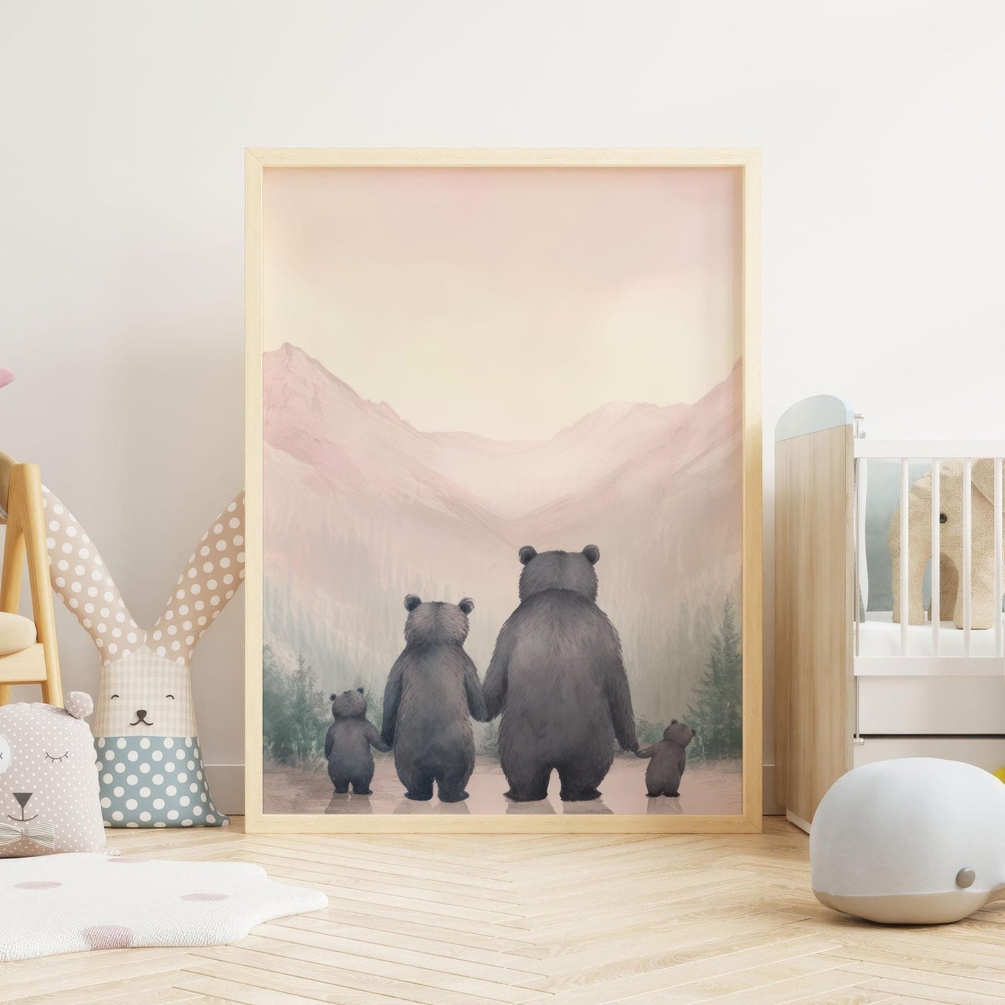 Bear Family Art, Cute Animal Portraits, Nursery Decor for Girls - WildfieldPrints