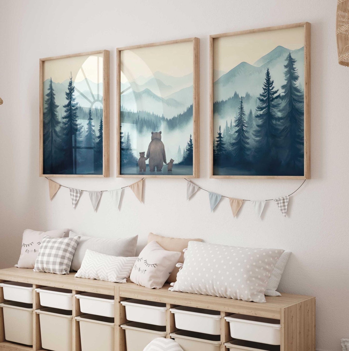Bear Family Art, Woodland Nursery Decor, Dad and Kids Painting - WildfieldPrints