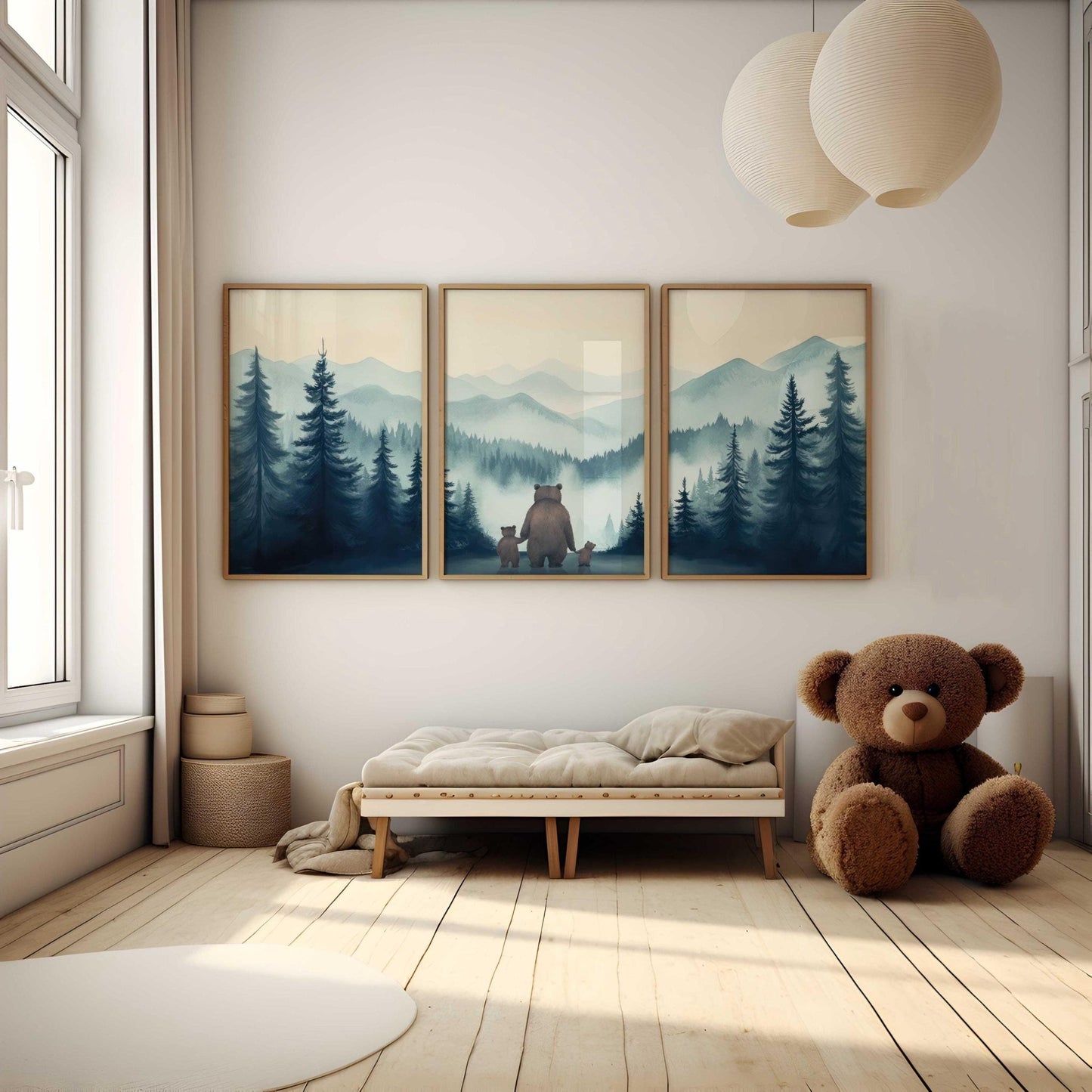 Bear Family Art, Woodland Nursery Decor, Dad and Kids Painting - WildfieldPrints