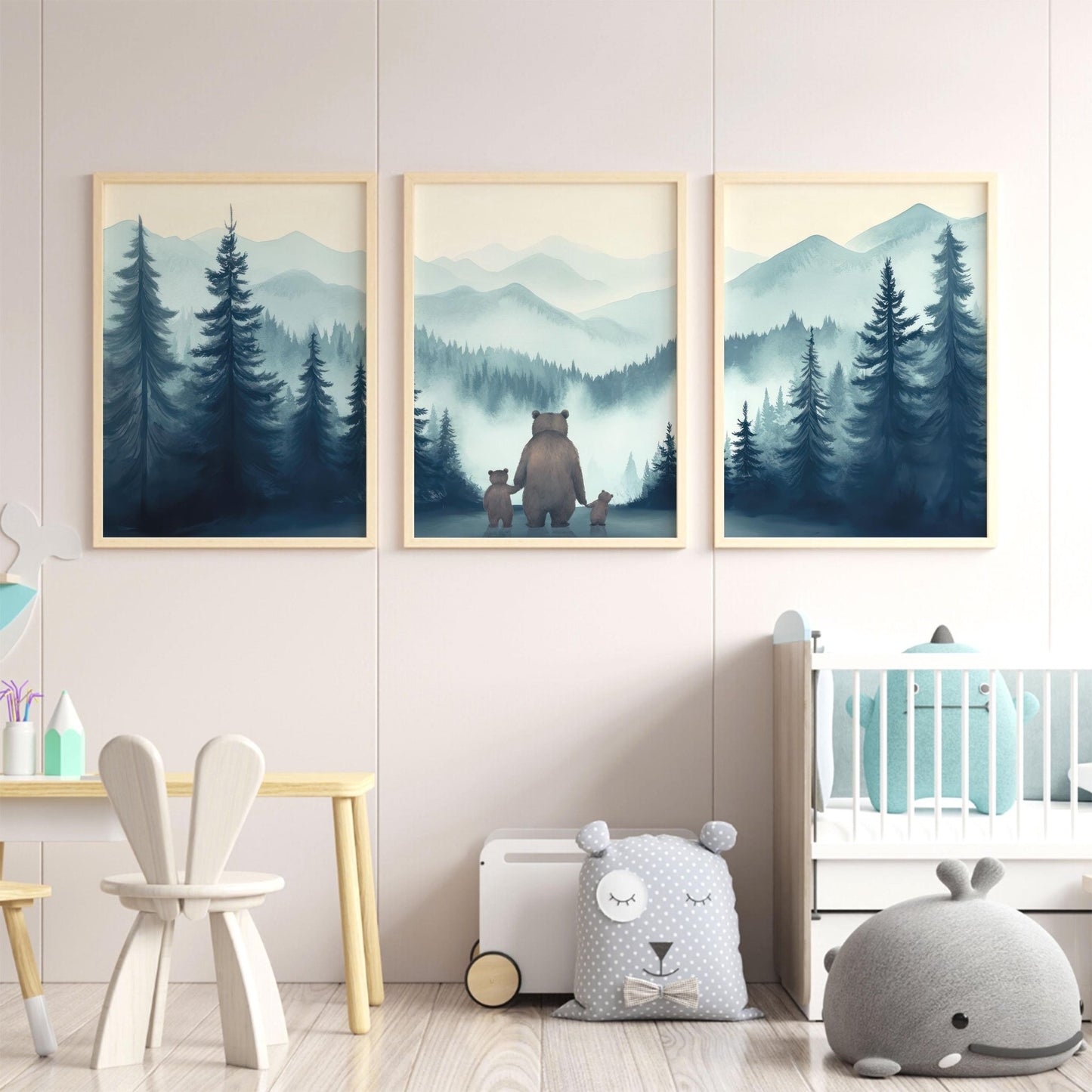 Bear Family Art, Woodland Nursery Decor, Dad and Kids Painting - WildfieldPrints
