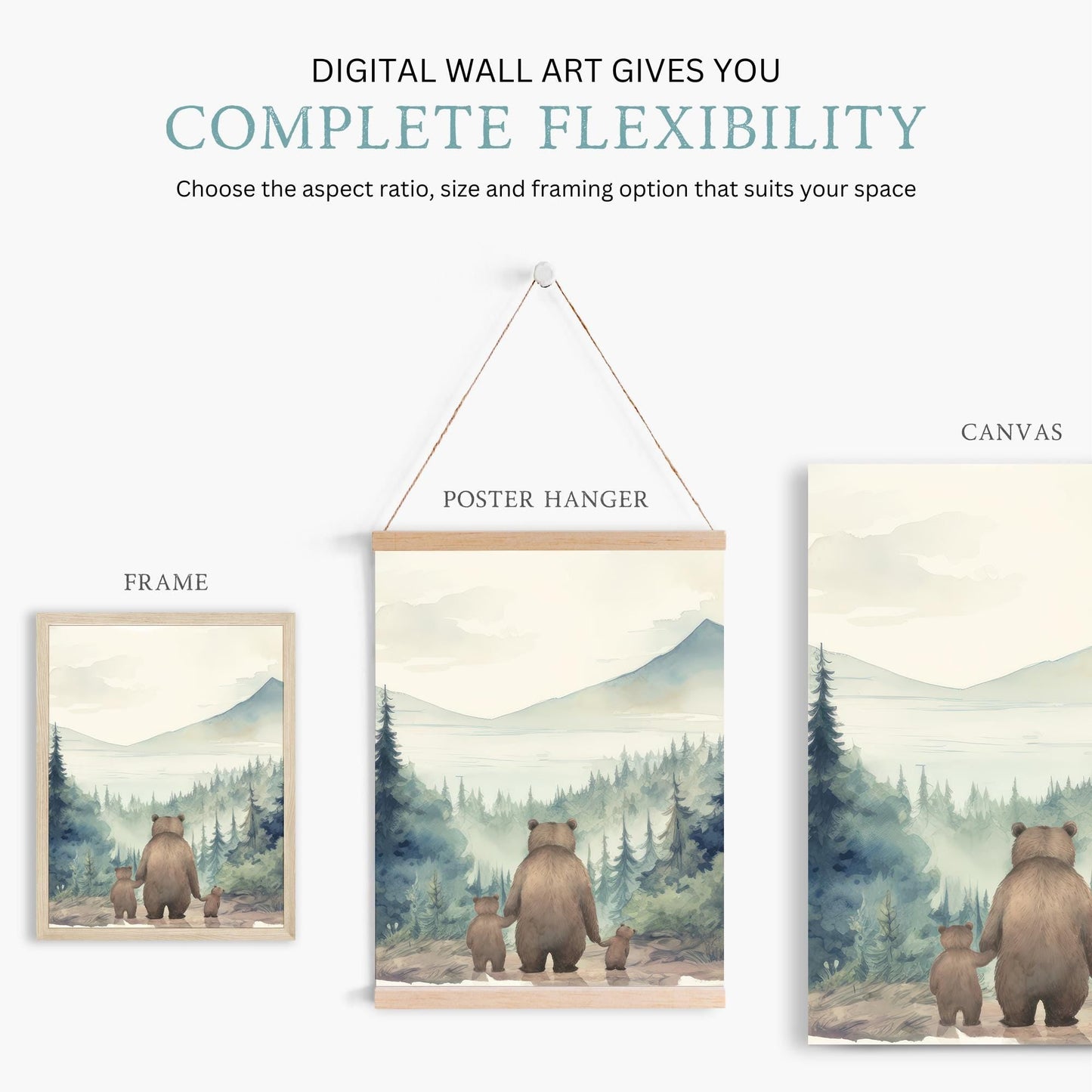 Bear Family Prints, Family of Three, Single Mom Art, Single Dad Gift, Animal Family Portrait, Mama or Papa Bear, Set of 3,Printable Bear Art - My Store