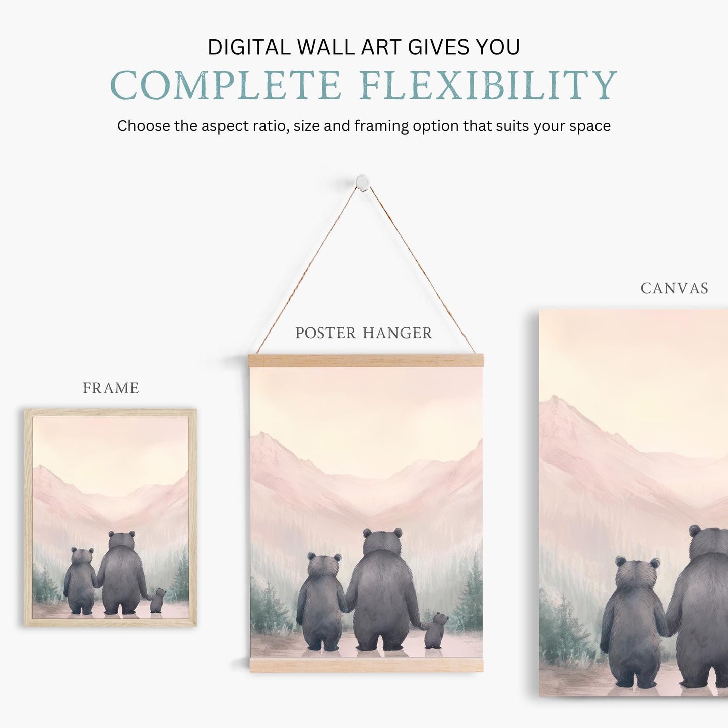 Bear Family Prints, Girl Nursery Decor, Animal Portrait Collection - WildfieldPrints