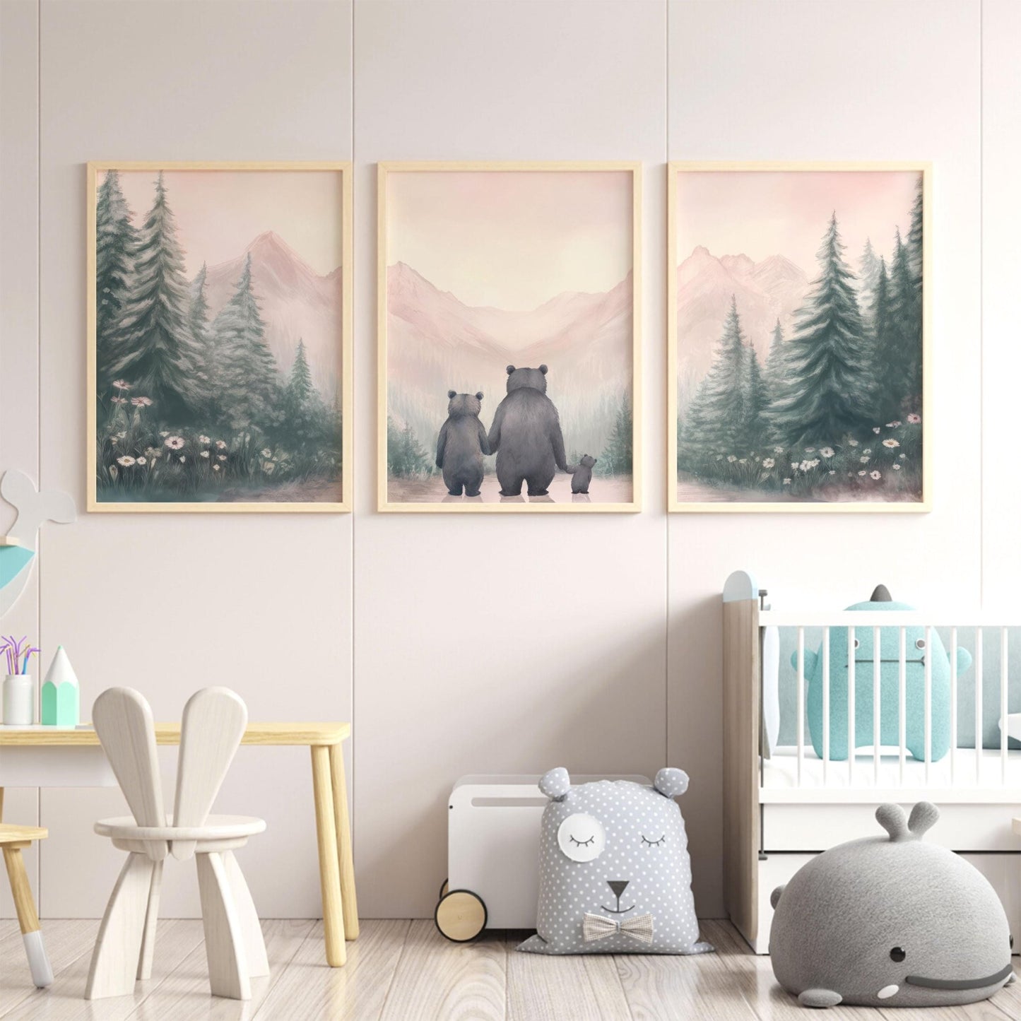 Bear Family Prints, Girl Nursery Decor, Animal Portrait Collection - WildfieldPrints