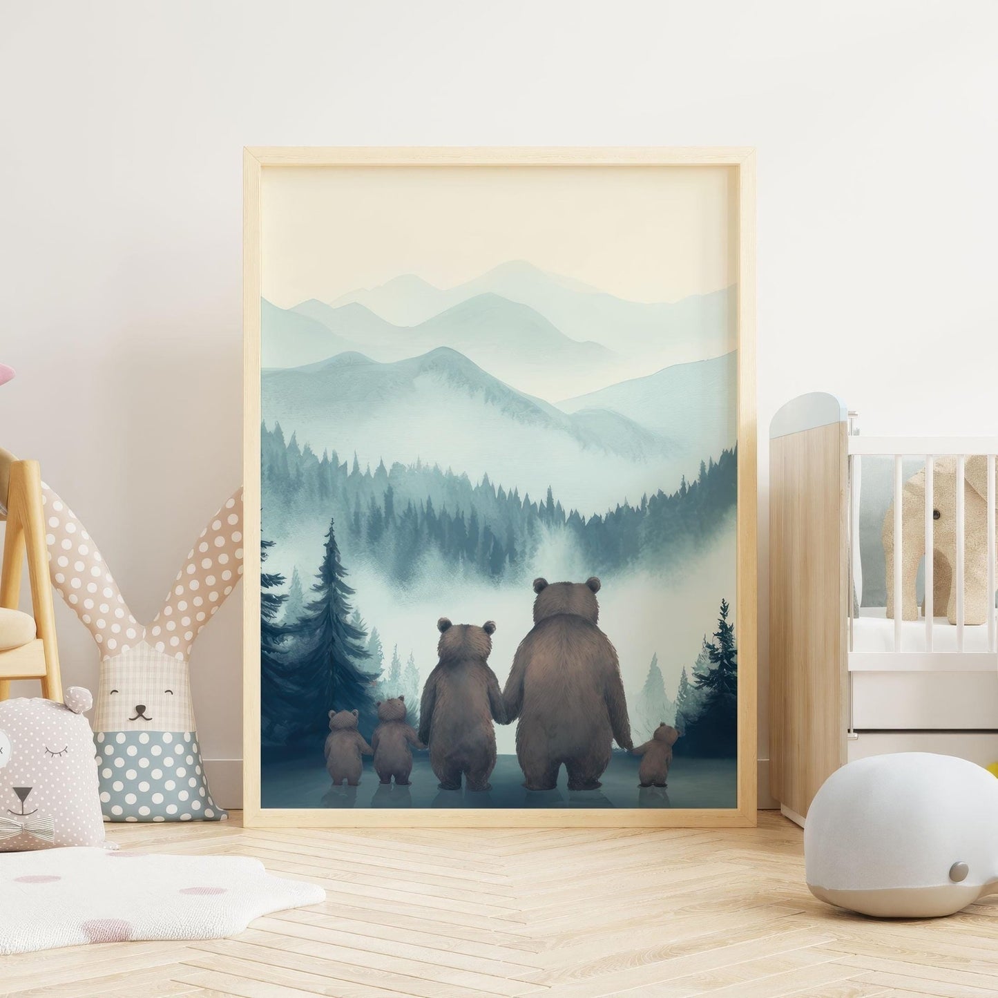 Bear Family Wall Art, Woodland Animal Decor, Family of 5 Portrait - WildfieldPrints
