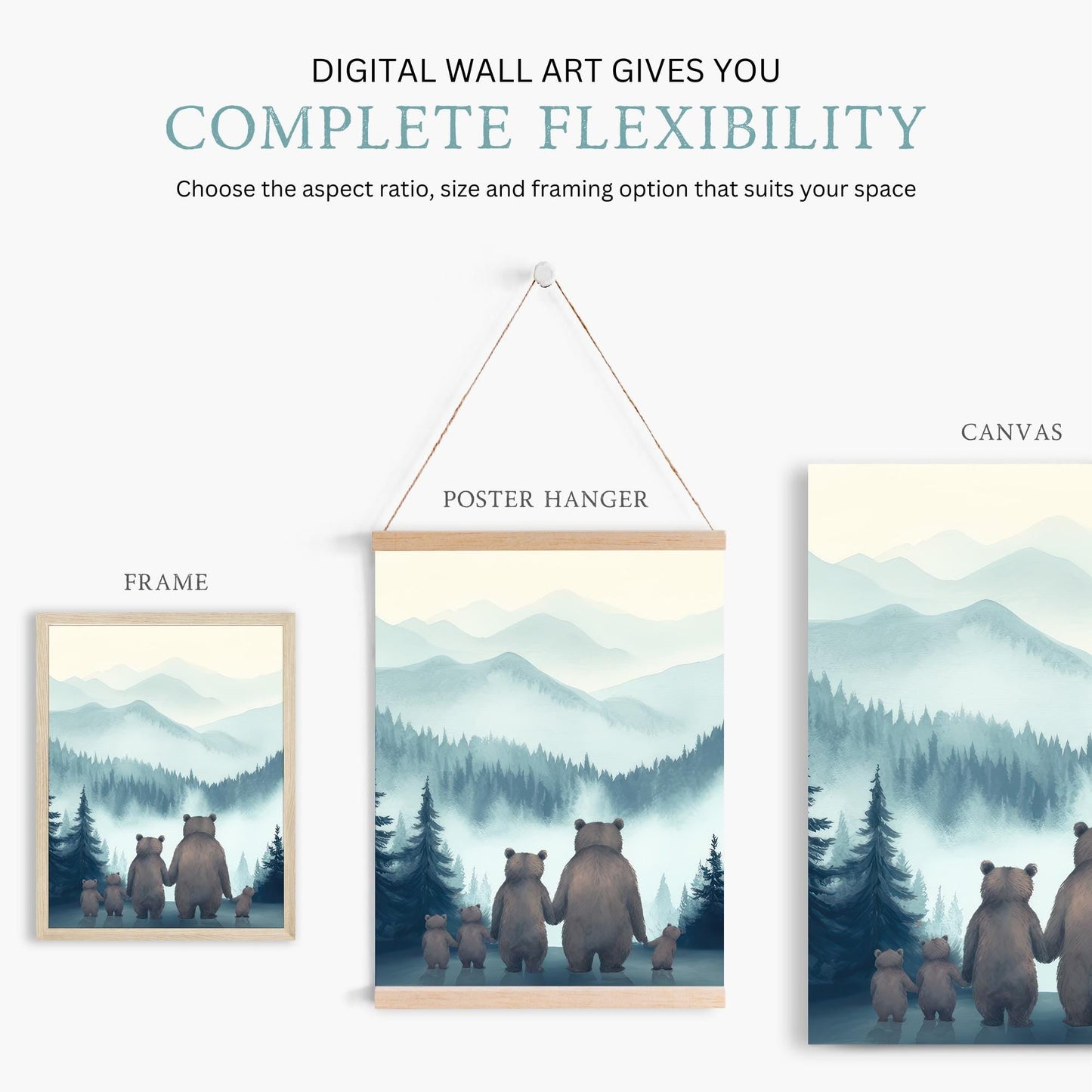 Bear Family Wall Art, Woodland Animal Decor, Family of 5 Portrait - WildfieldPrints