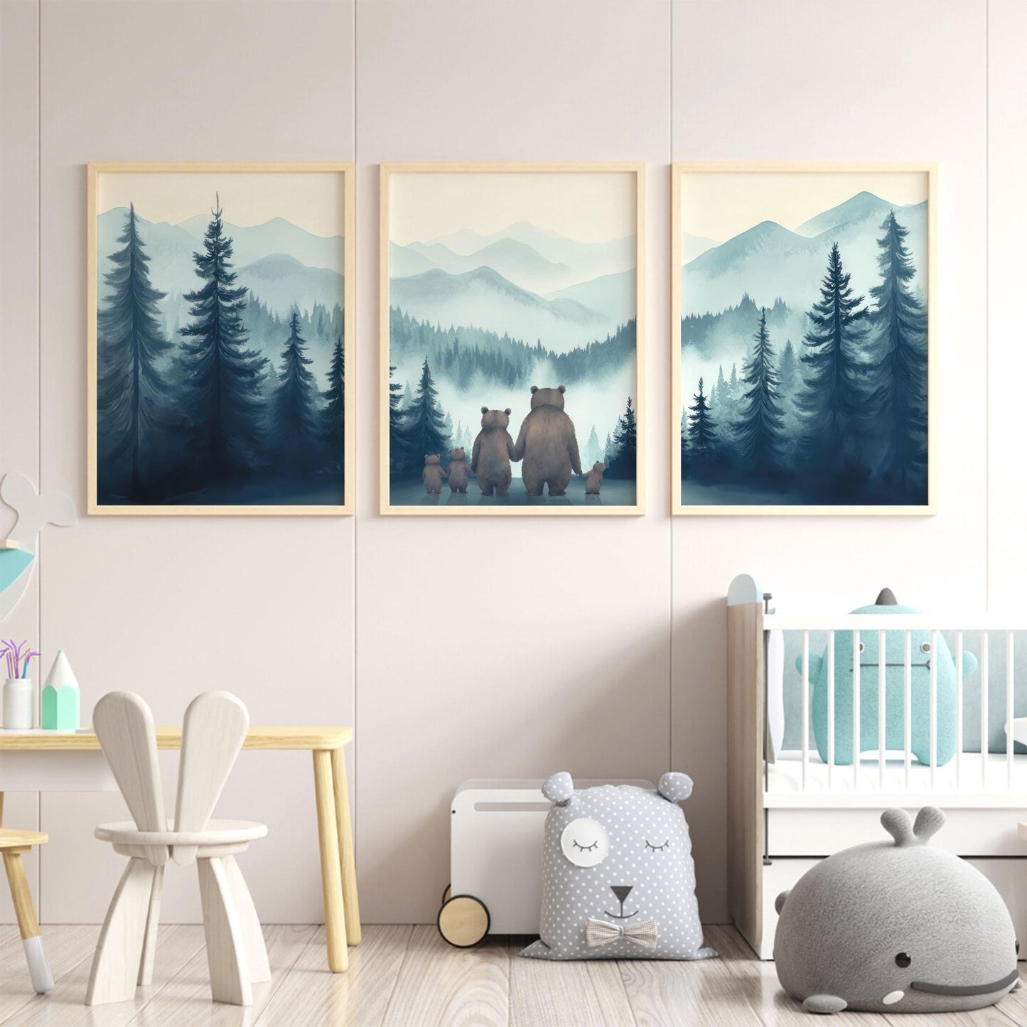 Bear Family Wall Decor, Woodland Animal Portrait, Nursery Decor - WildfieldPrints