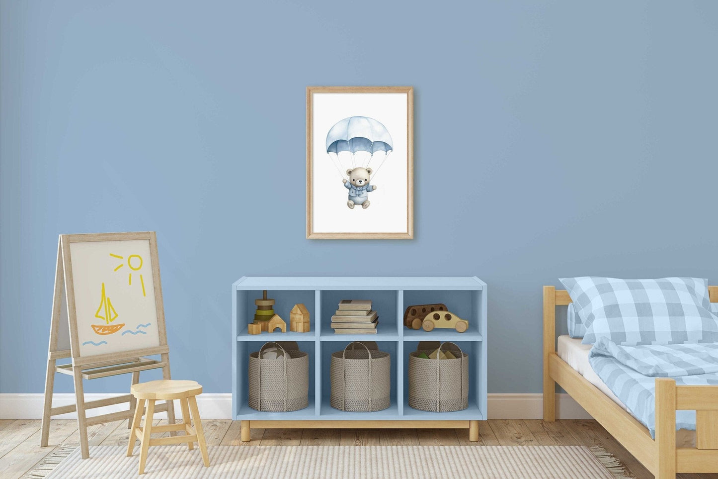 Bear in Parachute Nursery Print, Blue Hot Air Balloon Decor, Baby Gift - WildfieldPrints
